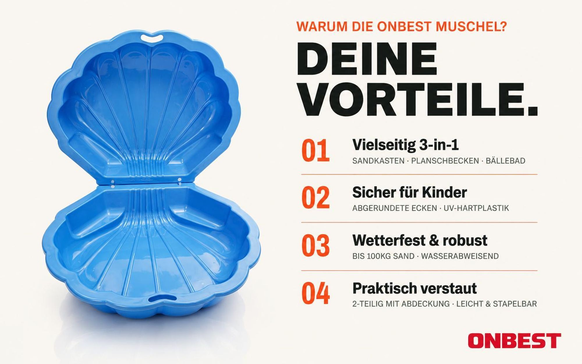 ONBEST Sandkasten 2in1 Sandmuschel mit Deckel | 100 kg | Kunststoff | Blau | ‎88 x 78 x 38 cm