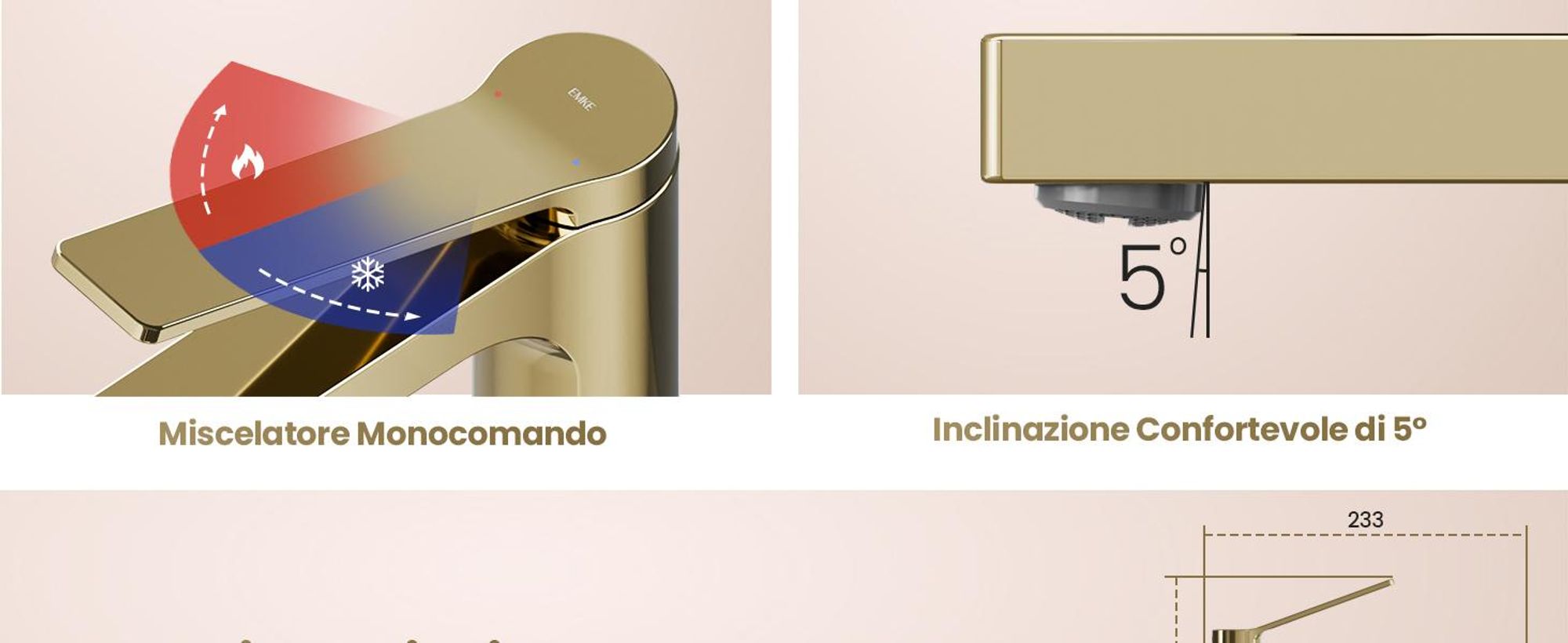 EMKE Rubinetto bagno oro champagne 195x173x46mm, ottone, cartuccia ceramica, miscelatore bagno, miscelatore lavabo, miscelatore lavabo