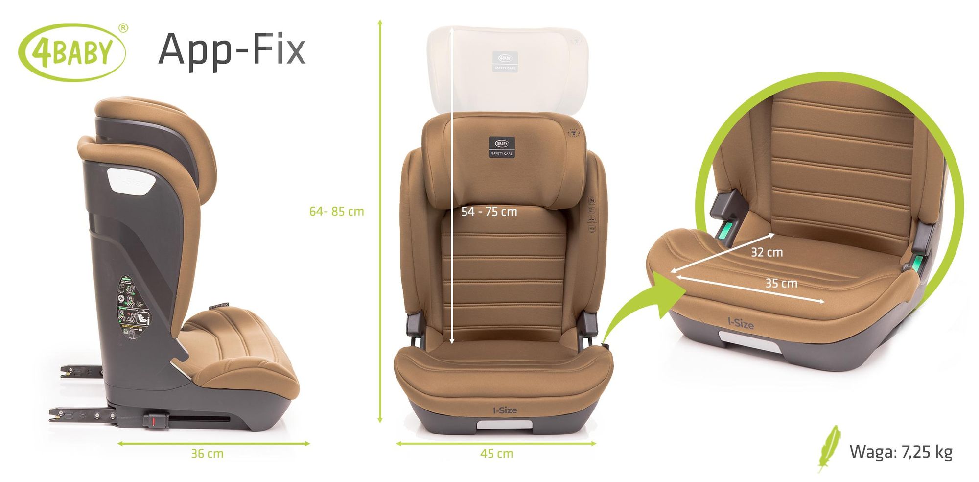4Baby | Fotelik dziecięcy - App-Fix i-Size dla dzieci 100-150 cm, bezpieczny, komfortowy, regulowany, ISOFIX, 15-36 kg, mokka