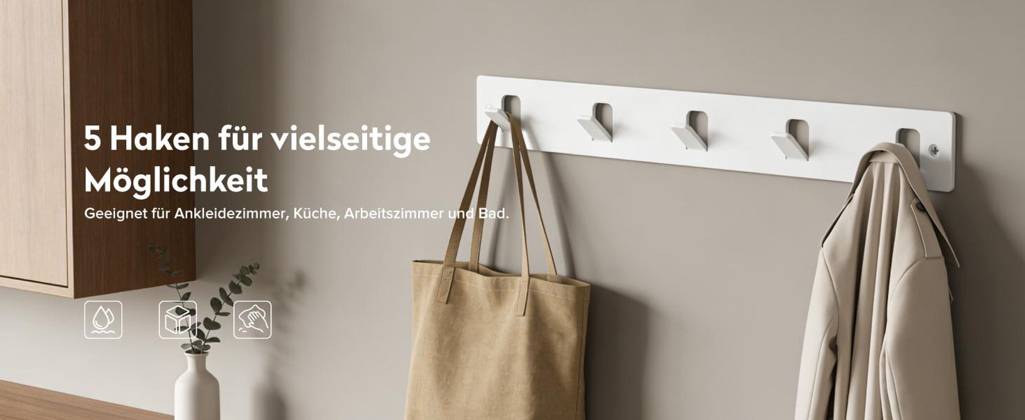 doporro Garderobenleiste mit 5 Haken, Wandgarderobe mit Garderobenhaken, Kleiderhaken Wand, Hakenleiste, selbstklebend oder zum Bohren, Weiß, Stalo-14