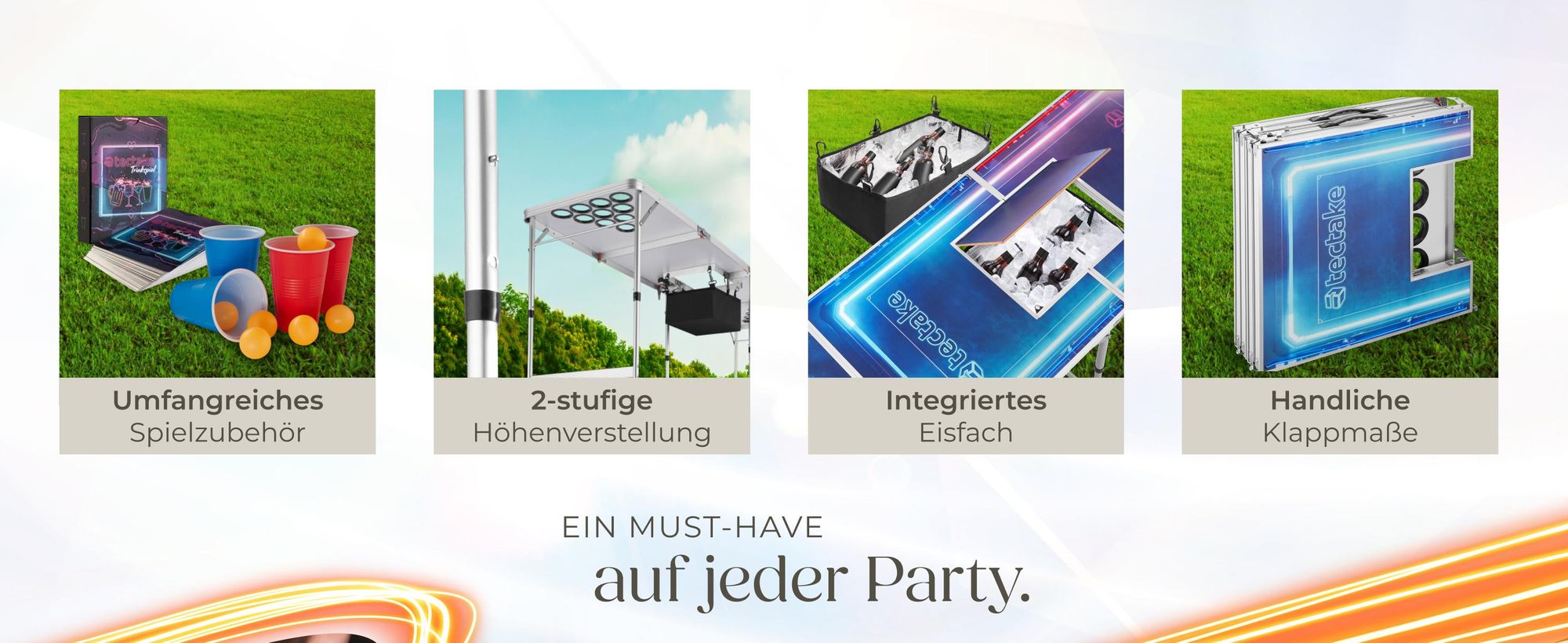 tectake® Aluminium Bierpongtisch BeerWars II mit Eisfach, Becherlöchern, LED-Beleuchtung inklusive 100 Bechern, 6 Bällen und Kartentrinkspiel
