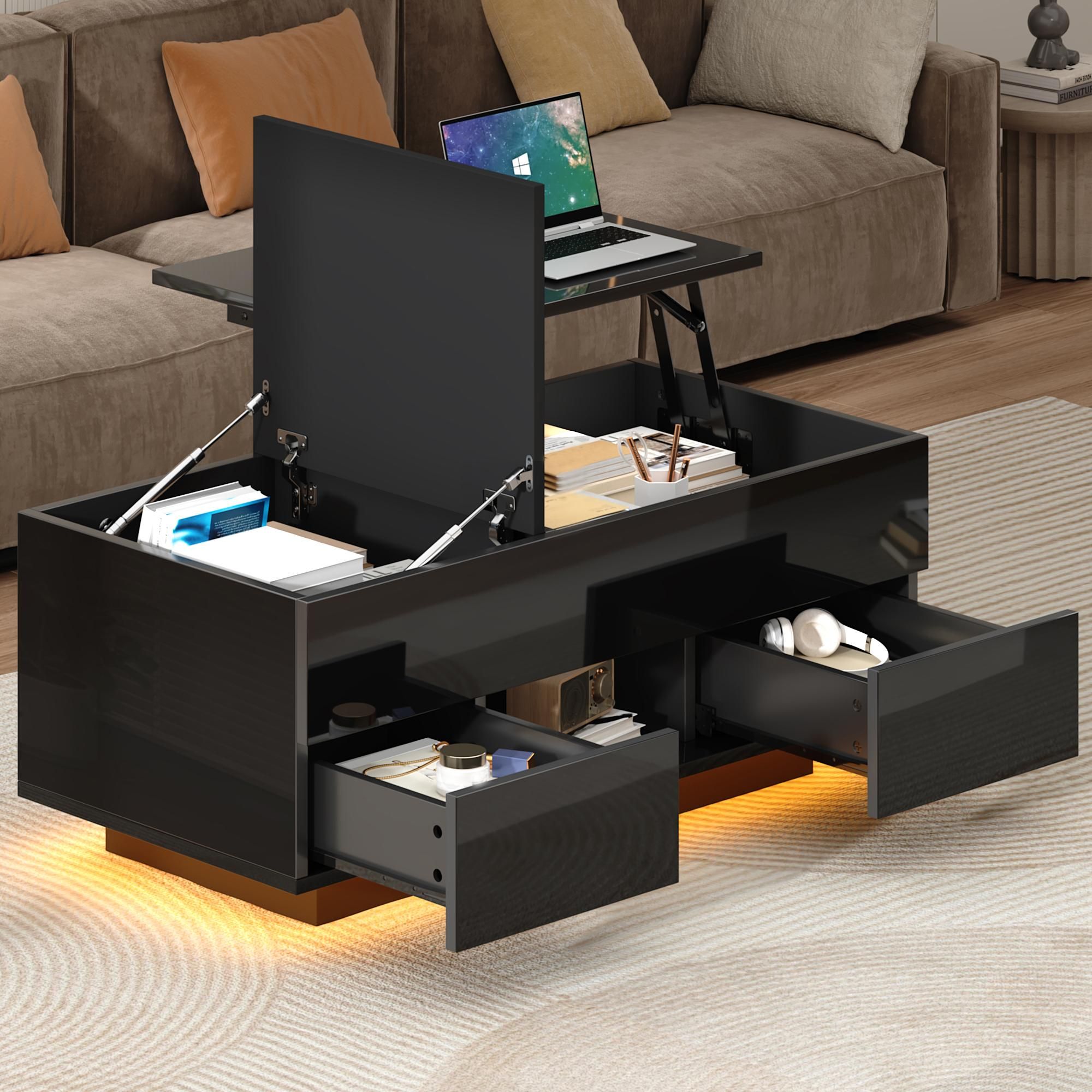 Merax Couchtisch Hochglanz mit LED, höhenverstellbare Sofatisch mit 2 Schubladen und Stauraum, Wohnzimmertisch mit klappbare Tischplatte, Schwarz