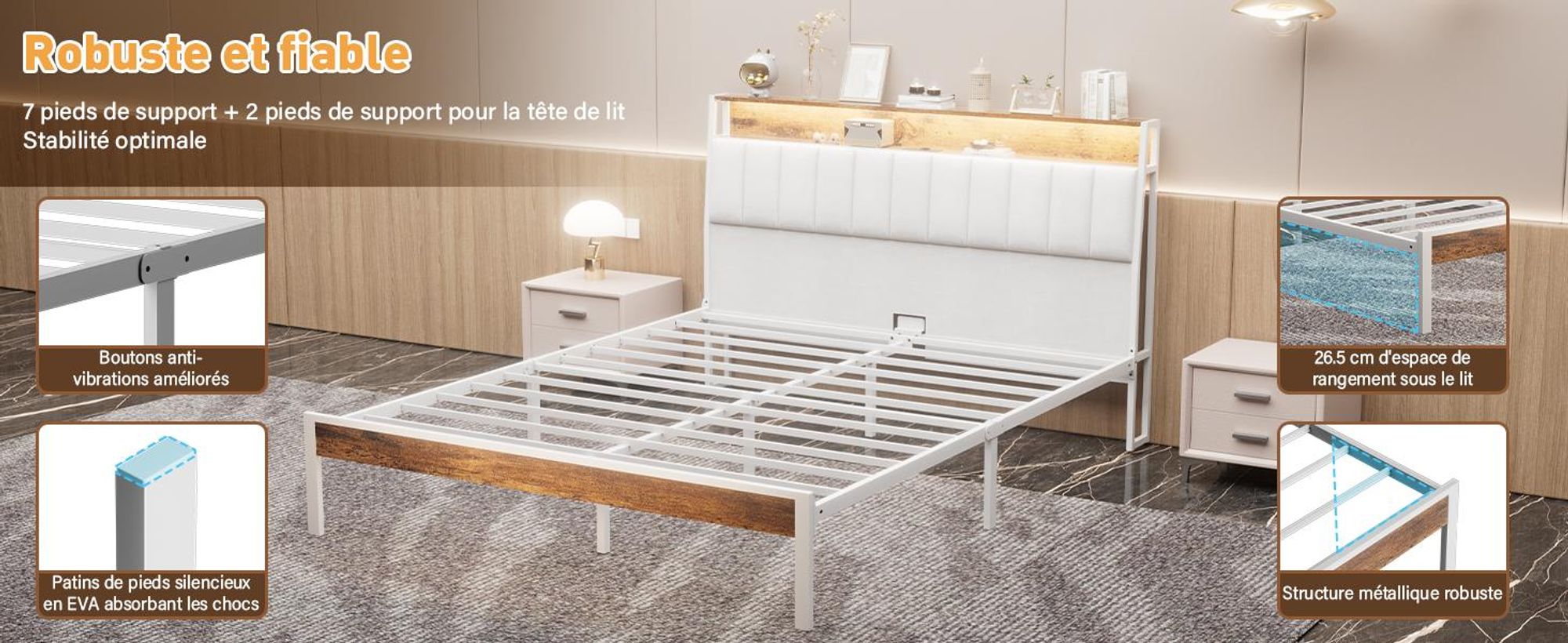 DEWINNER Cadre de lit, 140 x 200 avec Sommier en métal, lit 2 Personnes, avec lumières LED et Prises Multiples (1 Prise AC, 2 Ports USB)