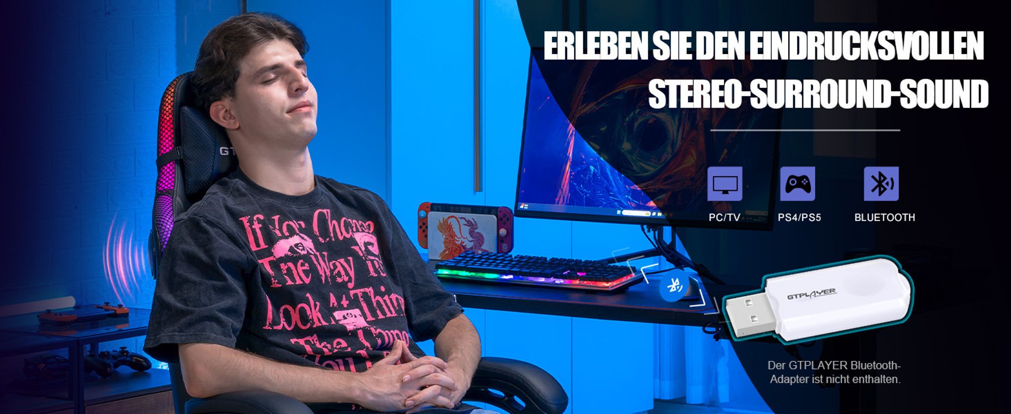 GTPLAYER Gaming Stuhl mit Lautsprecher und LED, Bürostuhl Gaming Chair Gamer Stuhl, Rückenlehne mit Aufbewahrungstasche Ergonomischer PC Stuhl schwarz