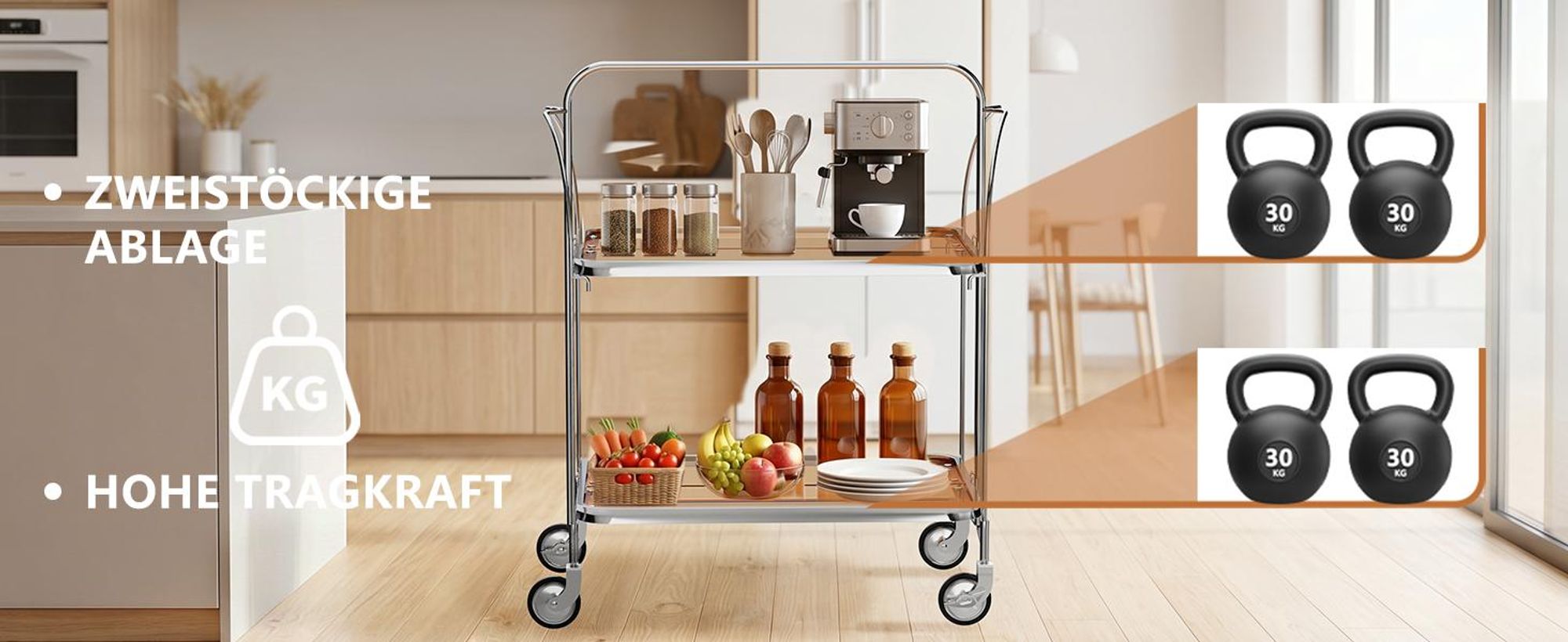 Servierwagen aus Edelstahl mit 2 Glasablagen, 68 × 40 × 80 cm, klappbarer Küchenwagen mit Rollen für Gastronomie, Restaurant und Hotel