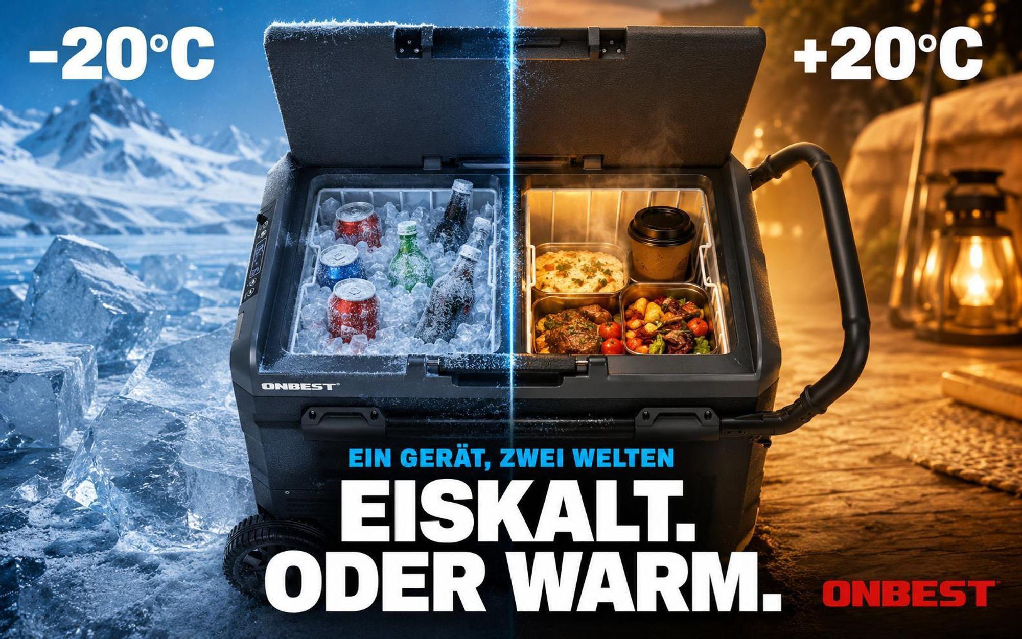 ONBEST Kompressor Kühlbox | 40L | 12V | 230V | mit App-Steuerung | Touchdisplay | Rollen | USB-Anschlüsse | LED | 4 x Trinkbecher