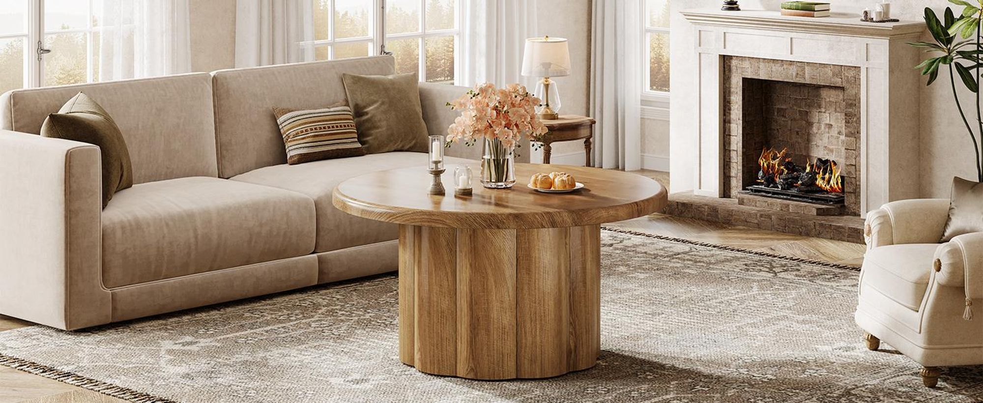 Tribesigns 80 cm runder Couchtisch, runder Cocktailtisch im Landhausstil, mit geriffeltem Trommelfuß, aus Holz für Wohnungen, kleine Räume, Braun