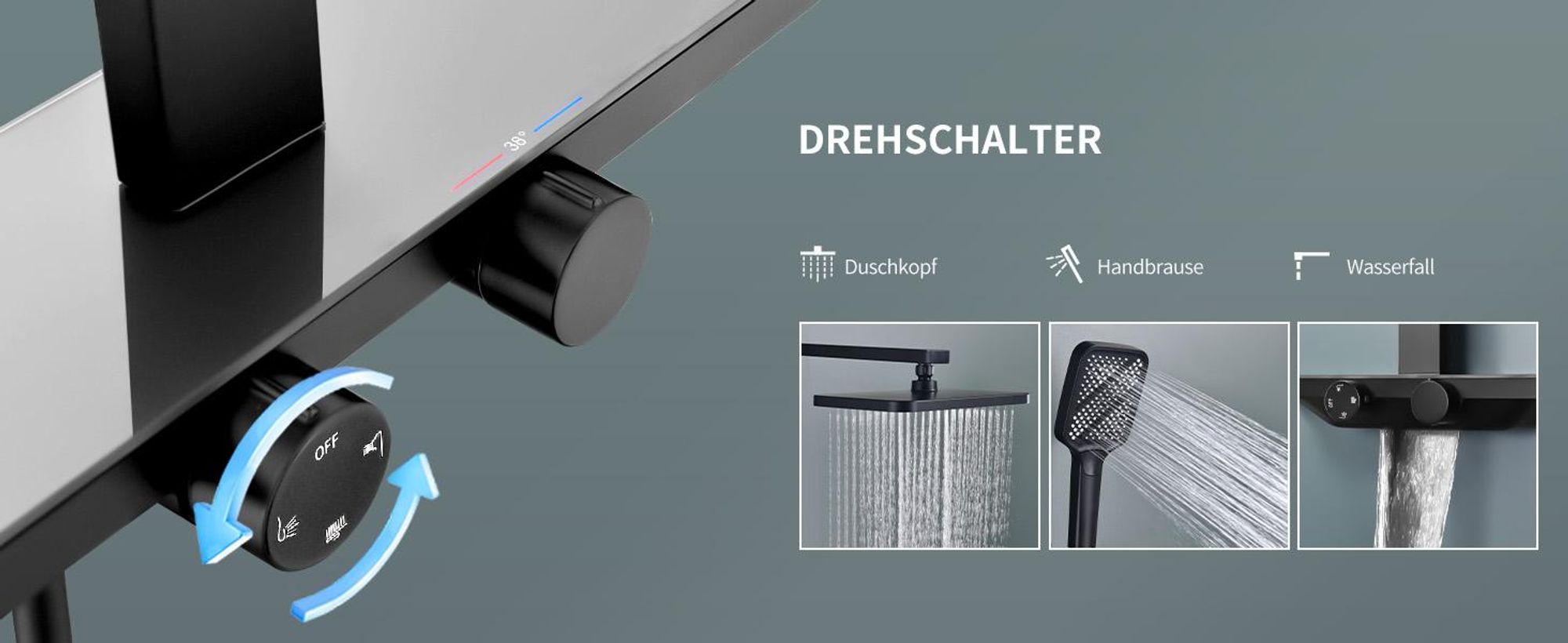 Homelody Duschsystem mit Thermostat und Glasablage in Schwarz Matt,Brausegarnitur 3 Strahlart(en), 12 Zoll Regendusche, 3-Funktions-Handbrause