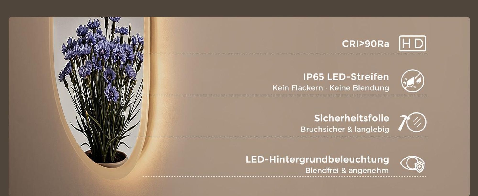S'AFIELINA Badspiegel mit Beleuchtung 60x80 cm, LED Badspiegel asymmetrisch, rahmenlos, 3 Lichtfarben, dimmbar, Anti-Beschlag, Memory-Funktion
