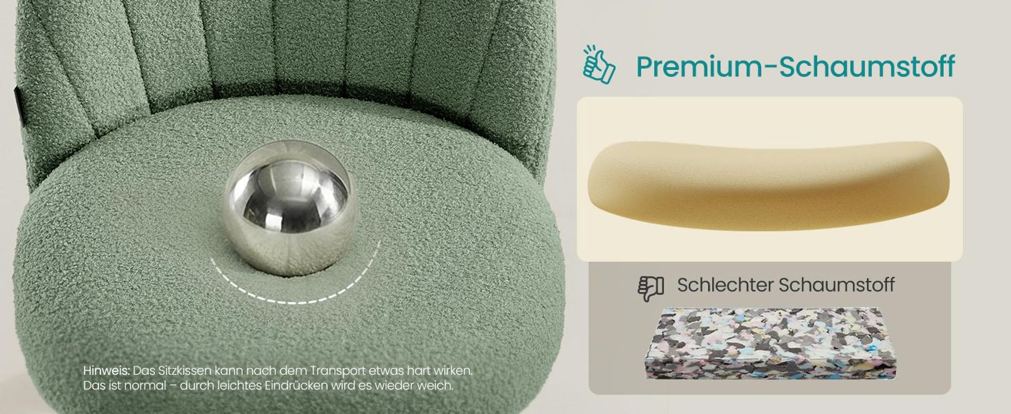 SONGMICS Schminkstuhl, Bürostuhl, Teddy-Fleece-Oberfläche, höhenverstellbar, kompaktes Design, grün