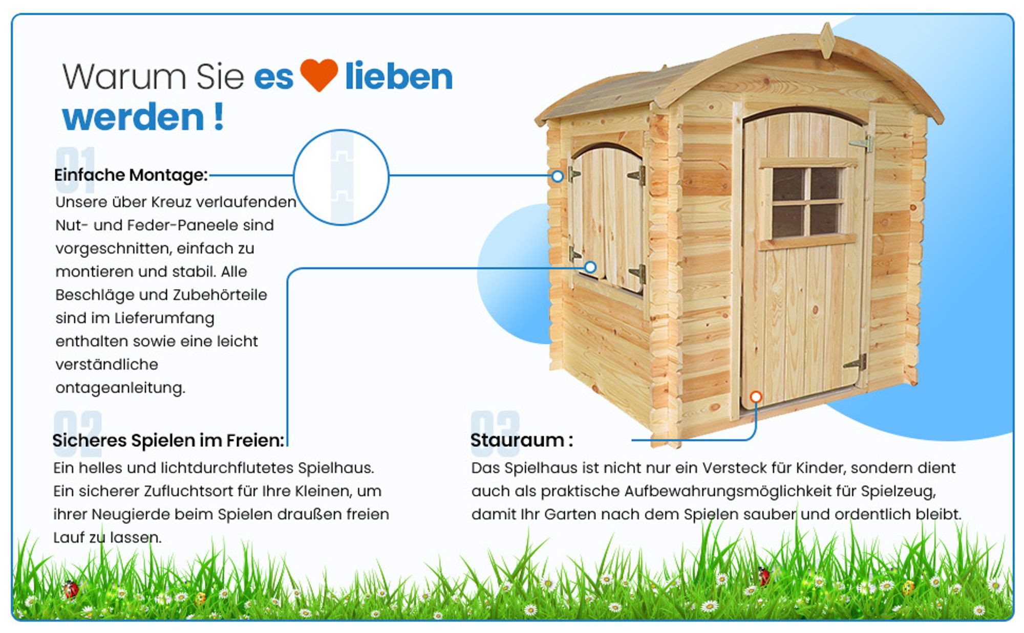 Timbela Kinderspielhaus aus Holz OHNE BÖDEN - Spielhaus im Freien für Kinder - B112xL146xH145 cm/1,1m2 Gartenspielhaus - M505-1