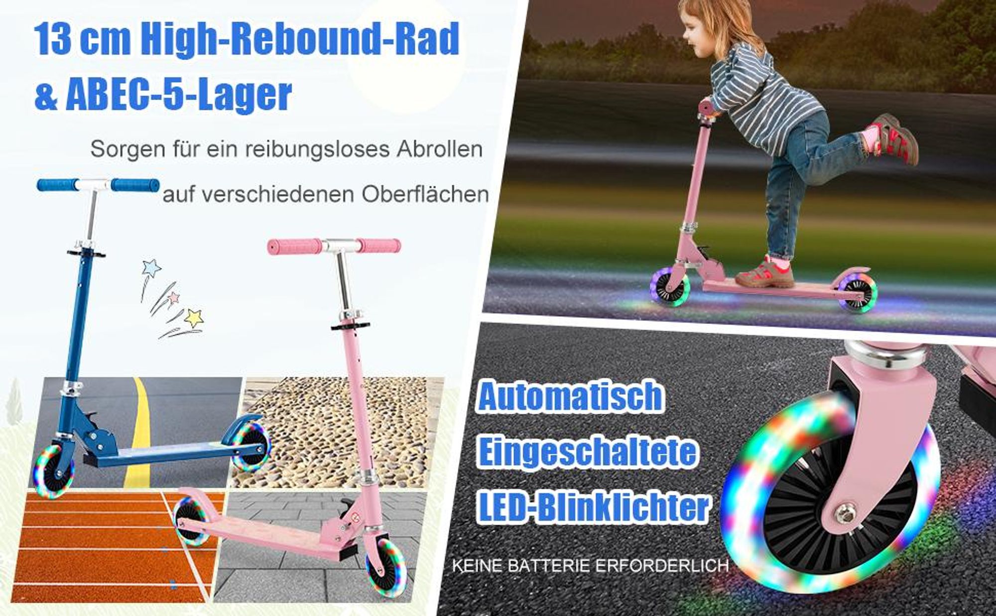 COSTWAY Scooter Kinder Roller, Tretroller mit LED-Räder, Klappbar Lenker, Höhenverstellbar Kinderroller Cityroller Kickscooter für Jungen und Mädchen ab 3 Jahren