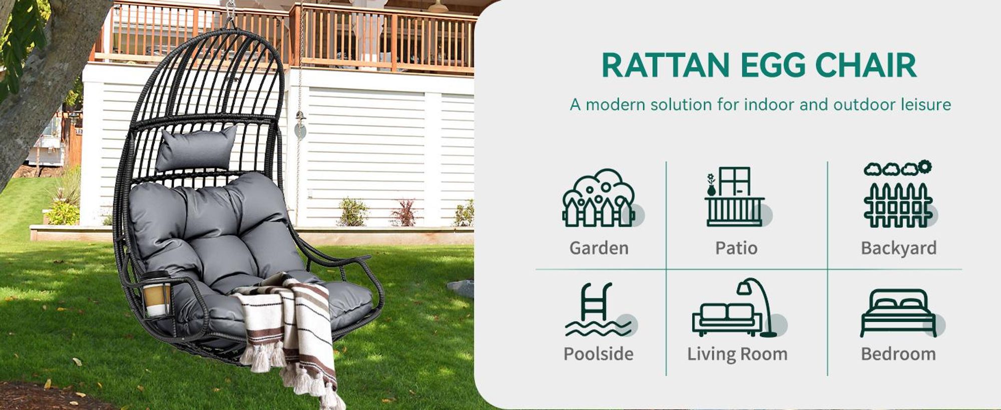 YITAHOME Hängesessel mit Kissen & Getränkehalter, Rattan Schaukelsessel Eierschaukel bis 150 kg, Grau