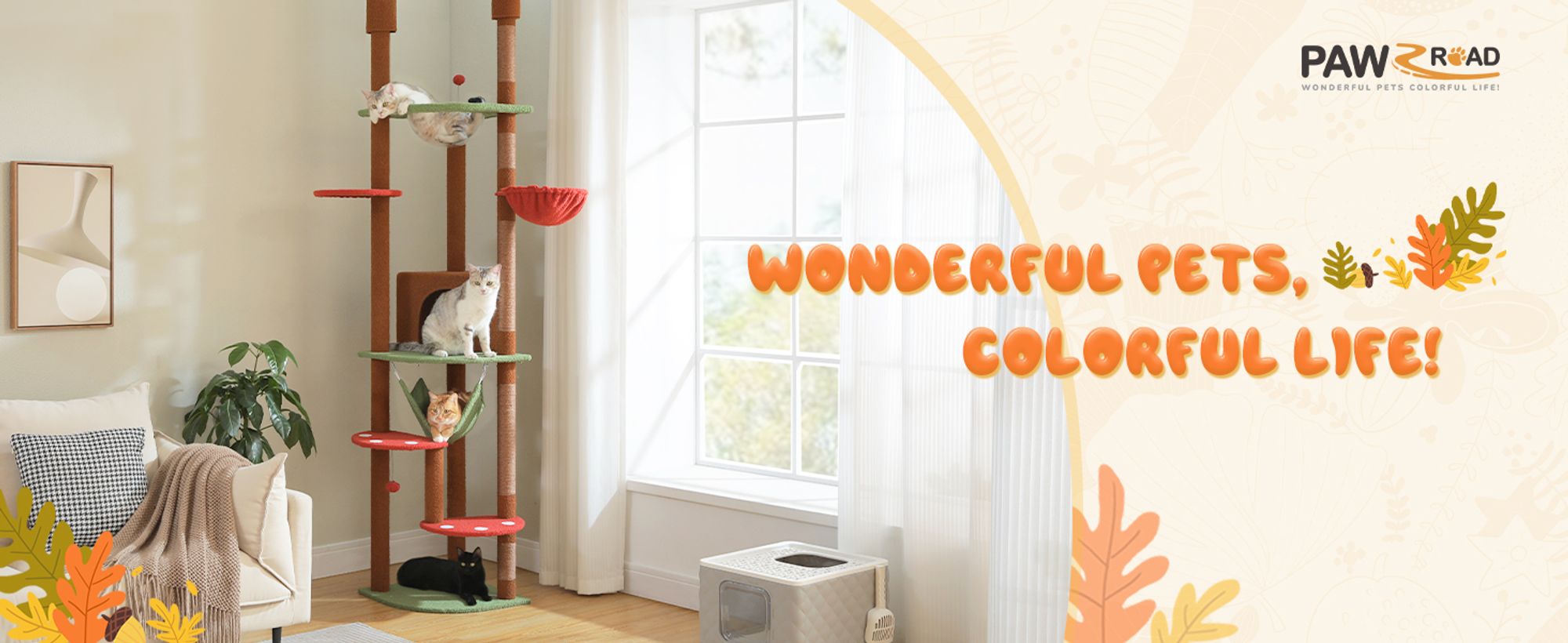 PAWZ Road XXL Katzenbaum 236-258cm mit Sisal-Kratzpfosten, Doppelkondo und Korb für Großkatzen