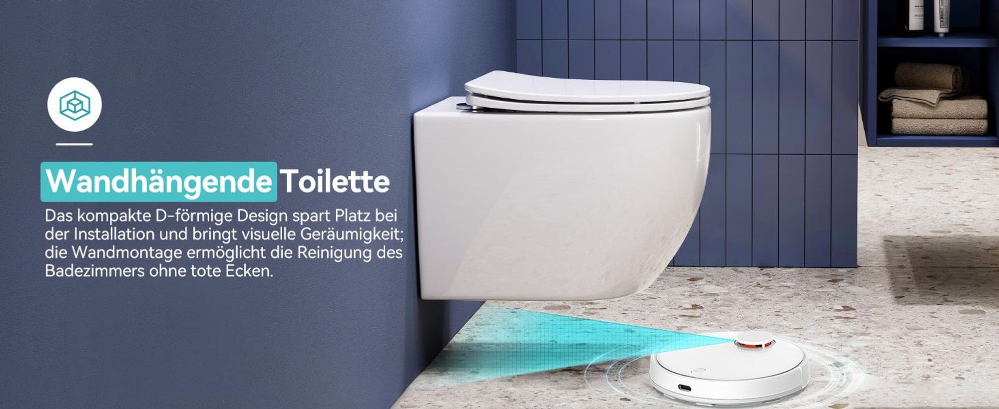 Wandhangende Toilette: Daskompakte D-formige Design spart Platz bei der Installation.