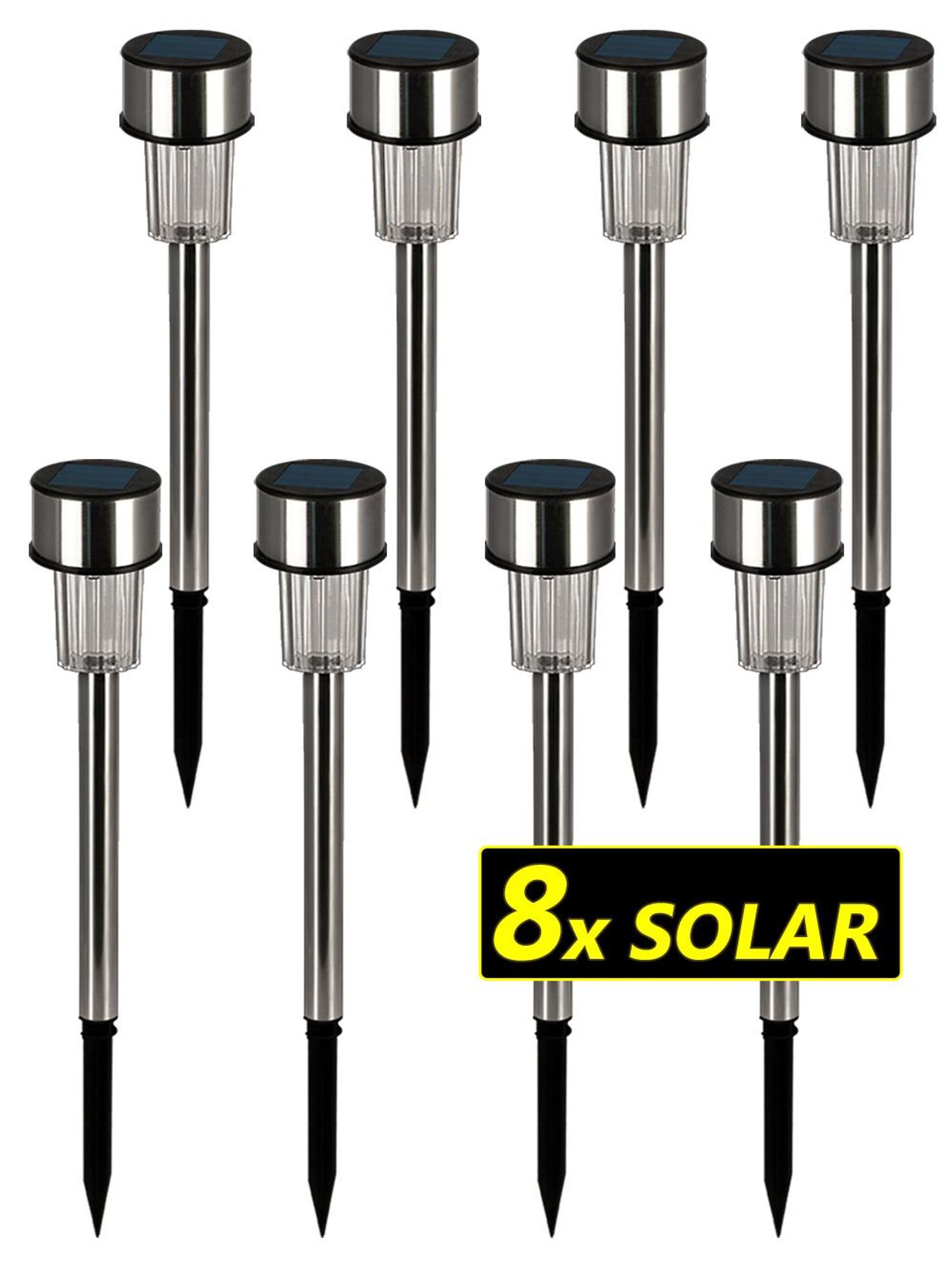 DEUBA® Solarlampe für Außen 8er Set LED Wetterfest IP44 Dämmerungssensor Erdspieß Edelstahl Weiß Solar Garten Leuchte Außenleuchte Balkon Deko