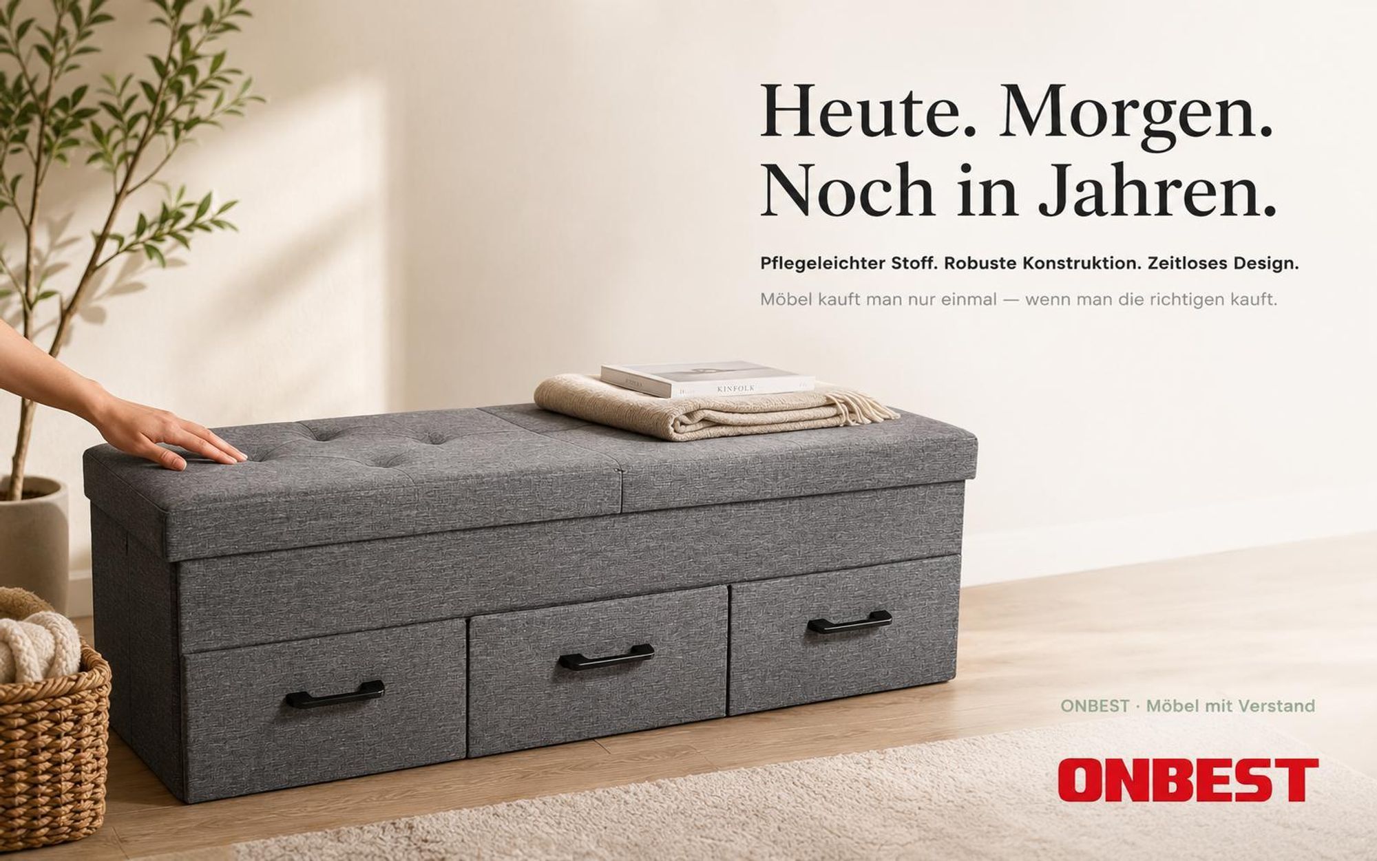 ONBEST Sitzbank mit Stauraum | 3 Schubladen | Grau | 110 kg | 110x40x36cm (BxHxT) | Leinenoptik | gepolstert | klappbarer Deckel