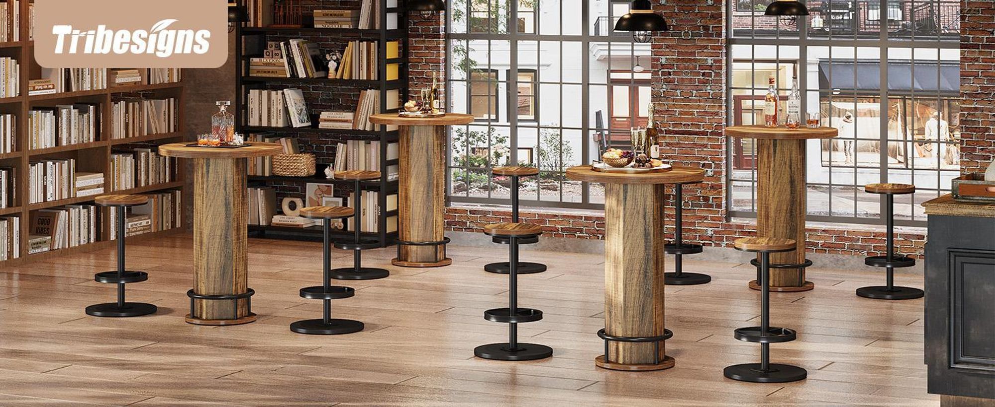 Tribesigns table de bar ronde avec chaises, set de bistrot industriel avec 2 tabourets de bar, table haute avec repose-pieds en anneau métallique coin cuisine, petite pièce