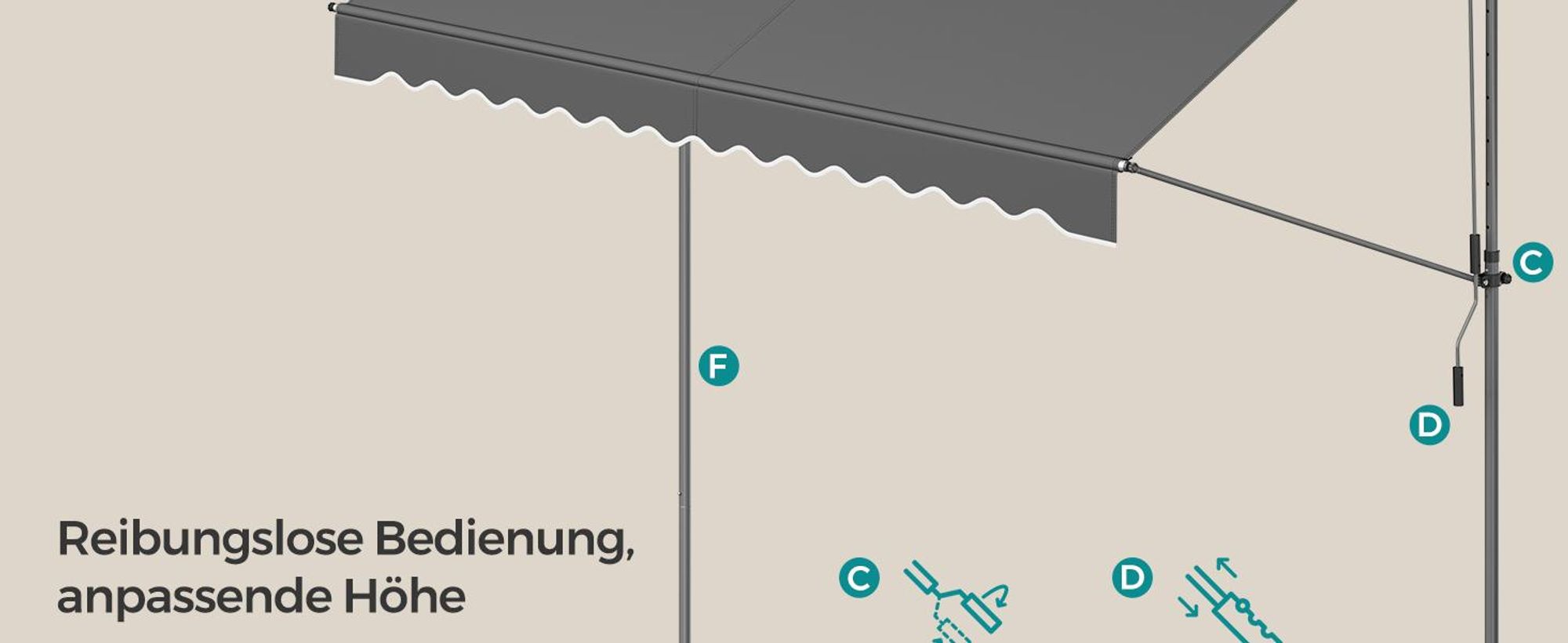 SONGMICS Klemmmarkise, Balkonmarkise, höhenverstellbar, mit Handkurbel