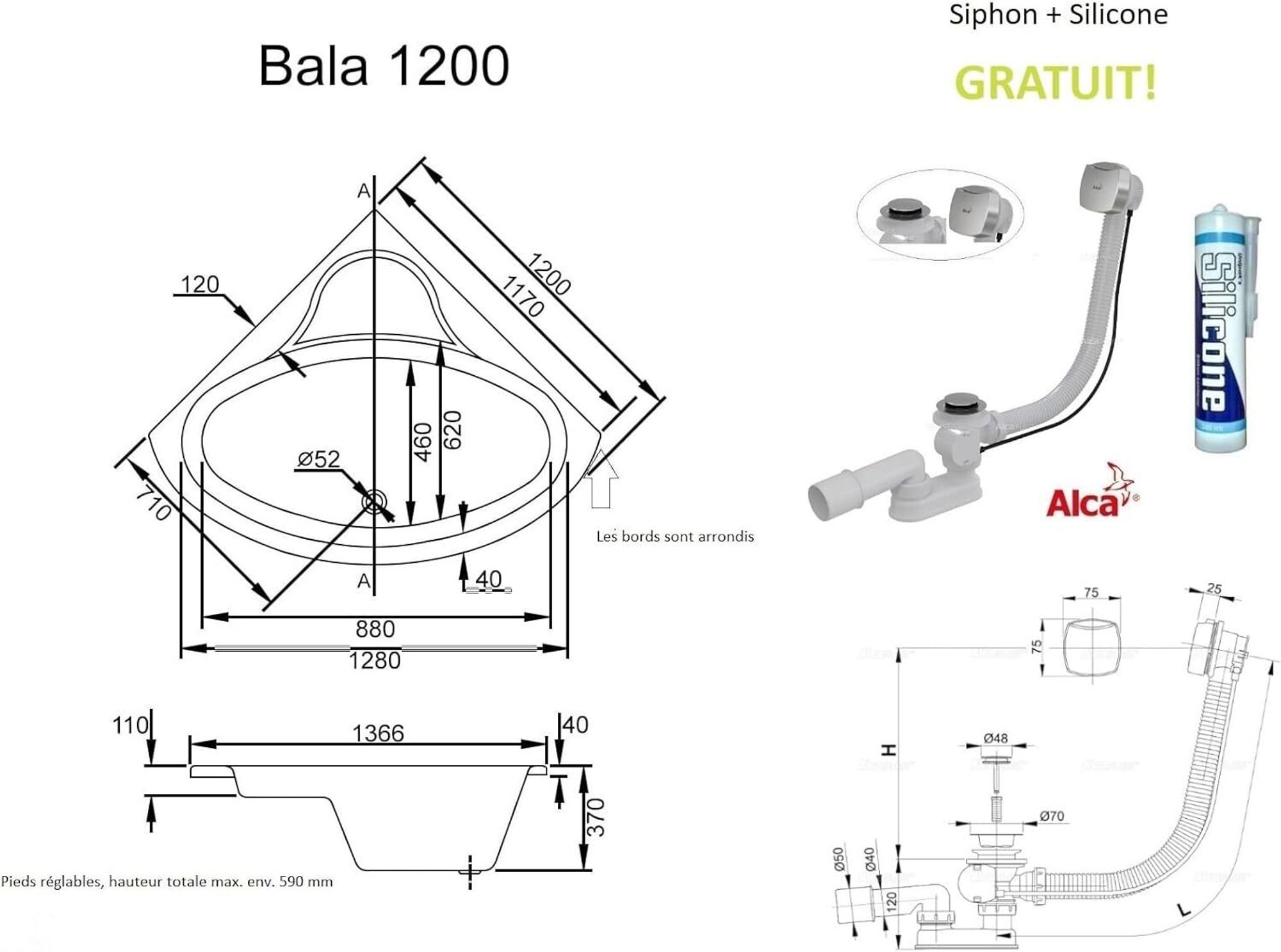 ECOLAM baignoire Bala 120x120 cm + tablier en acrylique, garniture d'écoulement Alcaplast Pieds + silicone