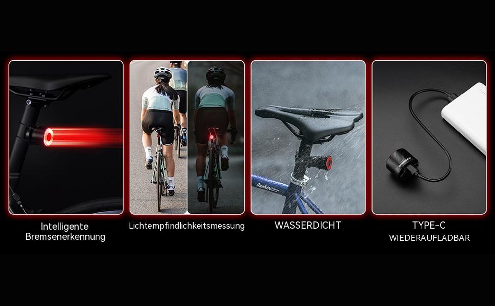 Smartes Fahrradrücklicht mit Bremslicht, StVZO LED Fahrrad Rücklicht Hinten, USB-C Aufladbar, IPX6 Wasserdicht für E-Bikes, MTB und Rennrad