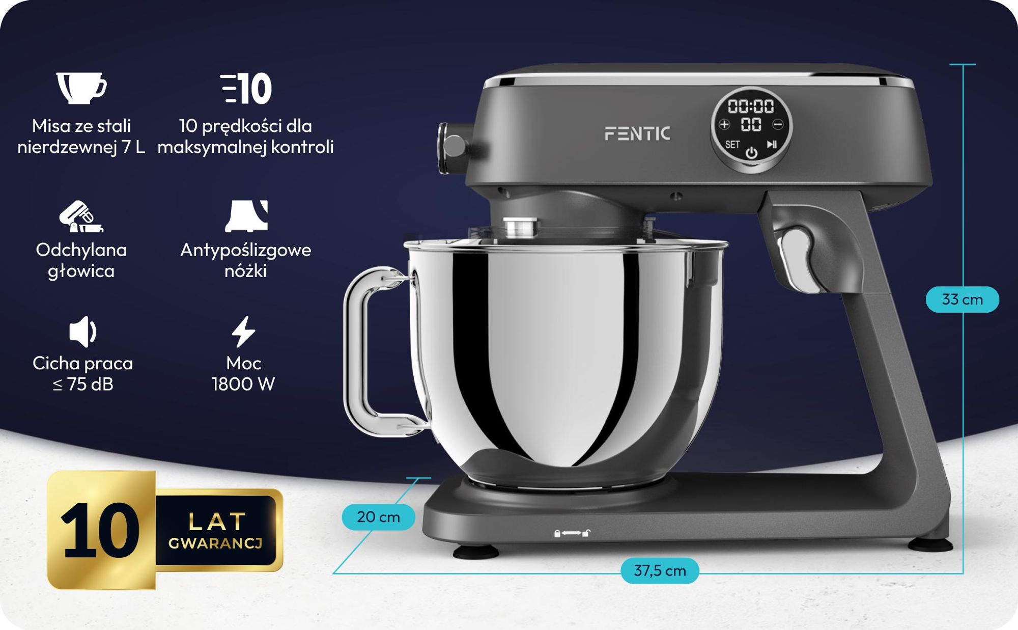 Fentic Robot Kuchenny 1800W, Misa nierdzewna 7L, Mikser planetarny do ciasta na chleb i pizzę, 10 prędkości z timerem & osłona przeciwbryzgowa