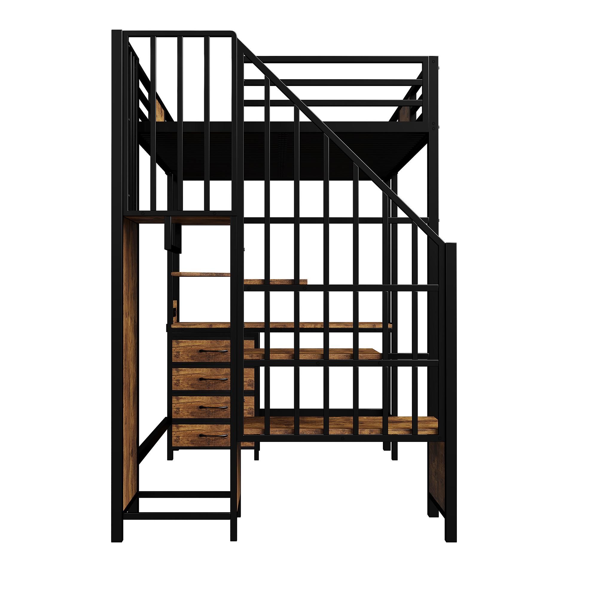 Flieks Etagenbett 90x200cm mit Schreibtisch und Steckdose, Hochbett mit Treppe und Stange, Kinderbett Jugendbett mit Rausfallschutz, Schwarz