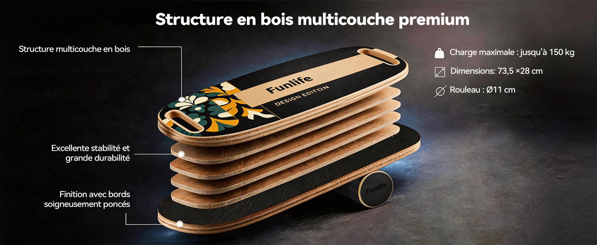 FunLife MOVE Balance Board en bois avec roulette – Appareil d'entraînement à l'équilibre professionnel avec système d'équilibre à 3 niveaux, renforcement musculaire, fitness et stabilité, jusqu'à 150 kg
