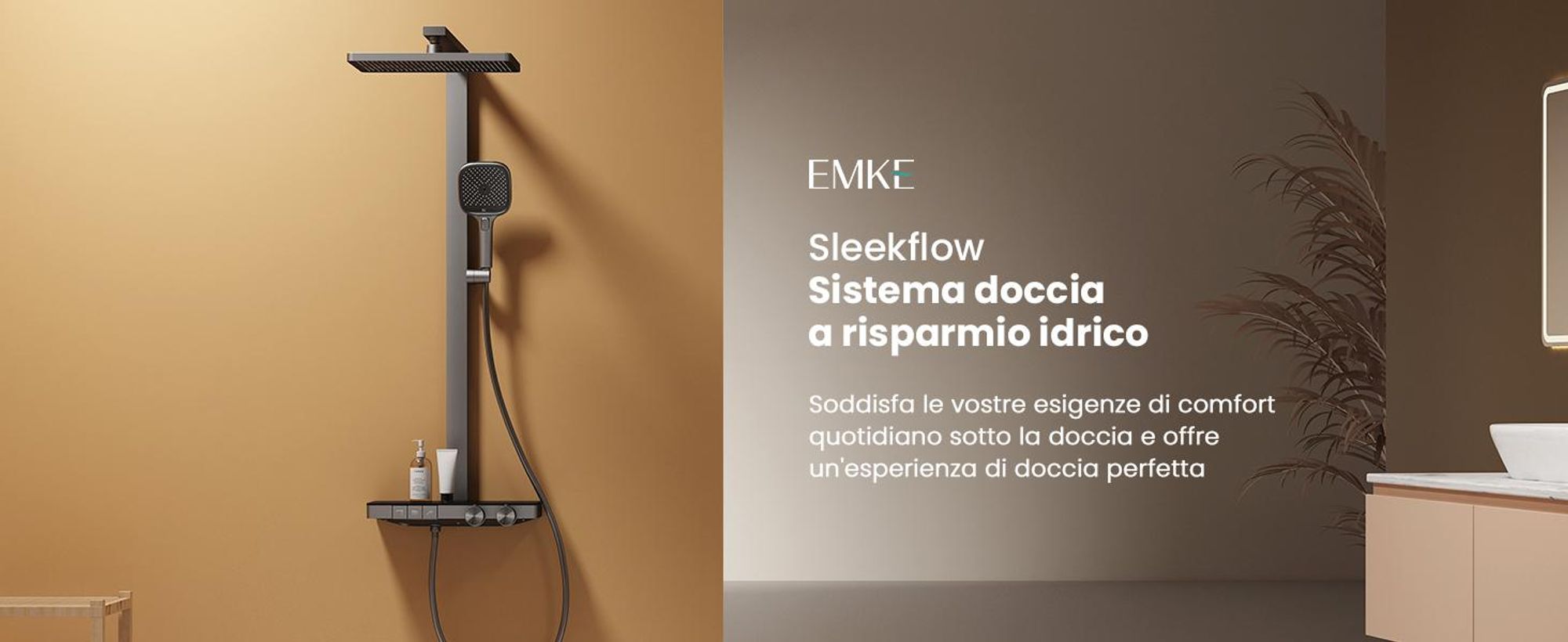 Sistema doccia EMKE con termostato, antracite opaco - Flusso d'acqua regolabile, doccia a pioggia 36x24 cm, doccetta con 4 getti