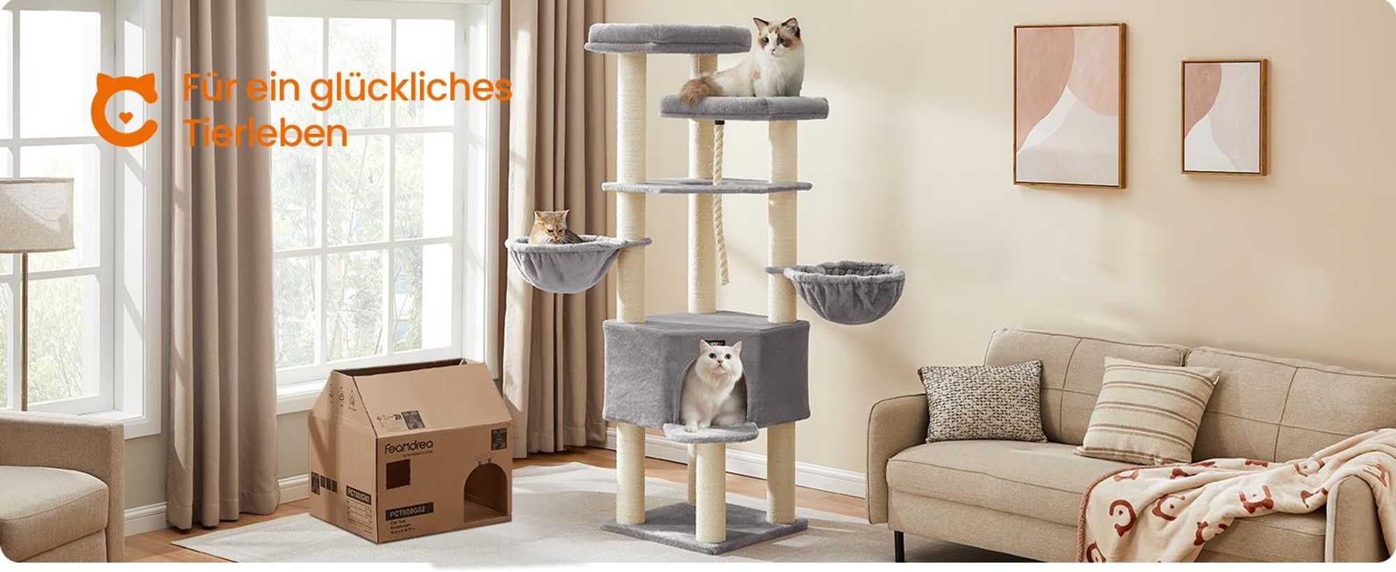 FEANDREA Kratzbaum 186 cm, Katzenbaum für große katzen, 13 dicken Säulen (11 cm d), stabil, Kippschutz, Cremeweiß