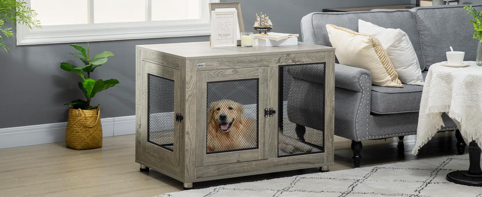 Klatka dla psa PawHut z 2 drzwiami, zmywalna poduszka, nowoczesna, stalowa, do użytku w domu, buda dla dużych psów do 30 kg, 94 x 60 x 71,5 cm, szara