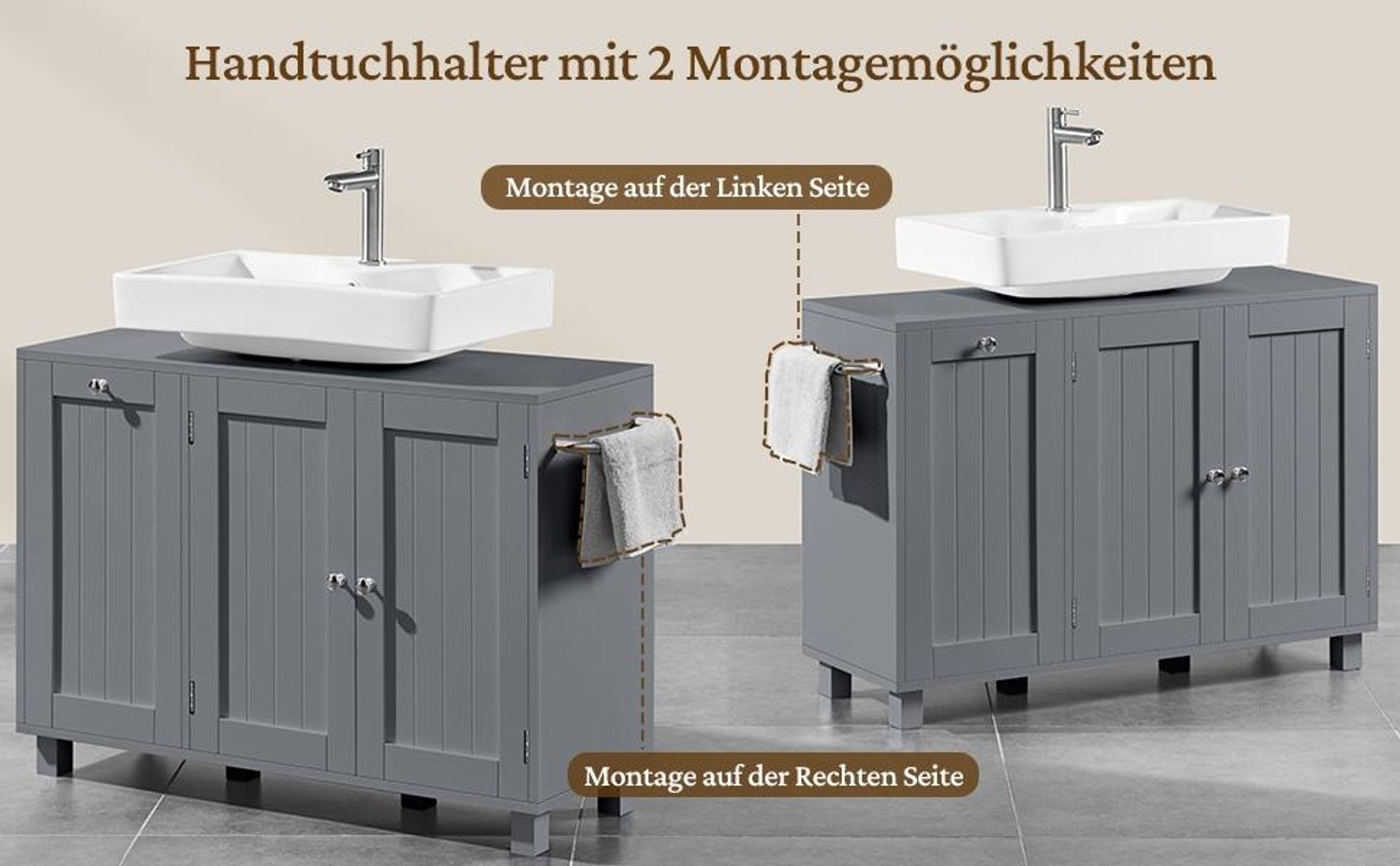 Yaheetech Waschbeckenunterschrank mit Wäschekorb, Badezimmerschrank, 3 Türen, Unterschrank für Bad, Dunkelgrau