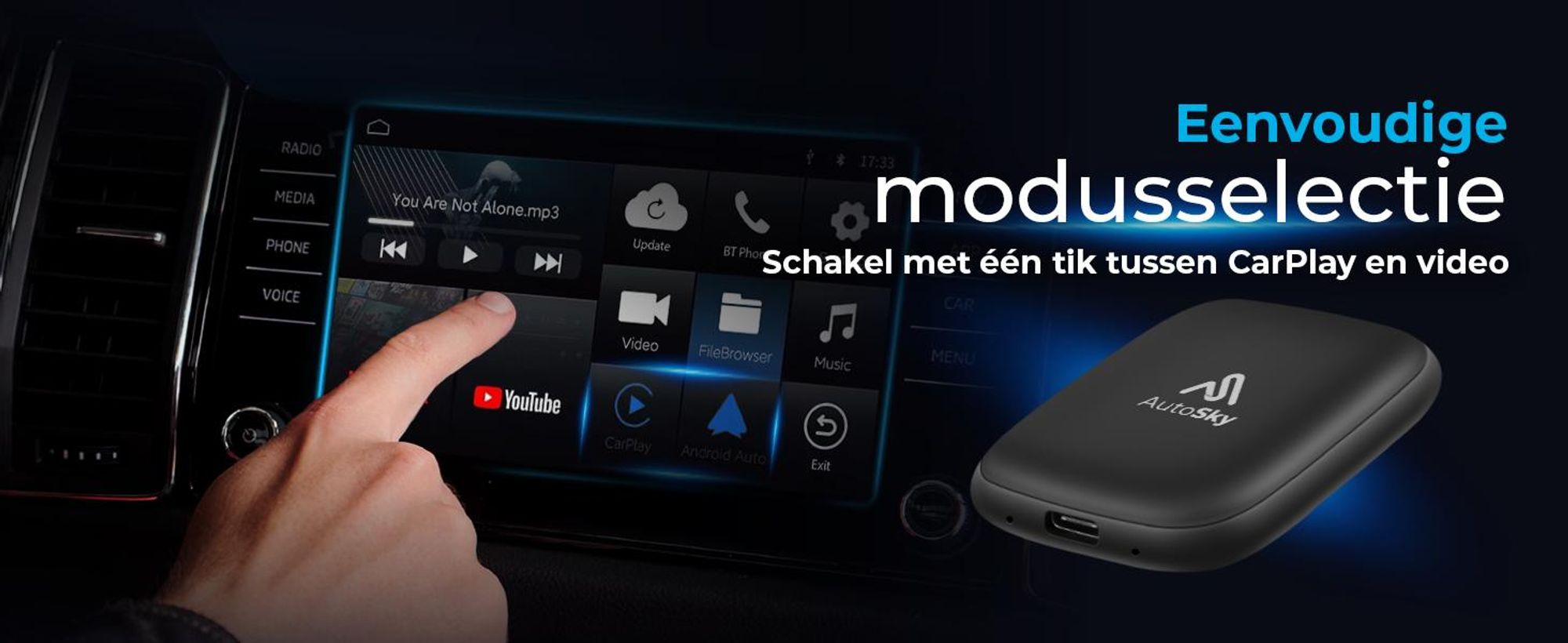 AutoSky AI Box Lite – Draadloze CarPlay & Android Auto met Netflix en YouTube, Plug & Play voor iPhone en Android