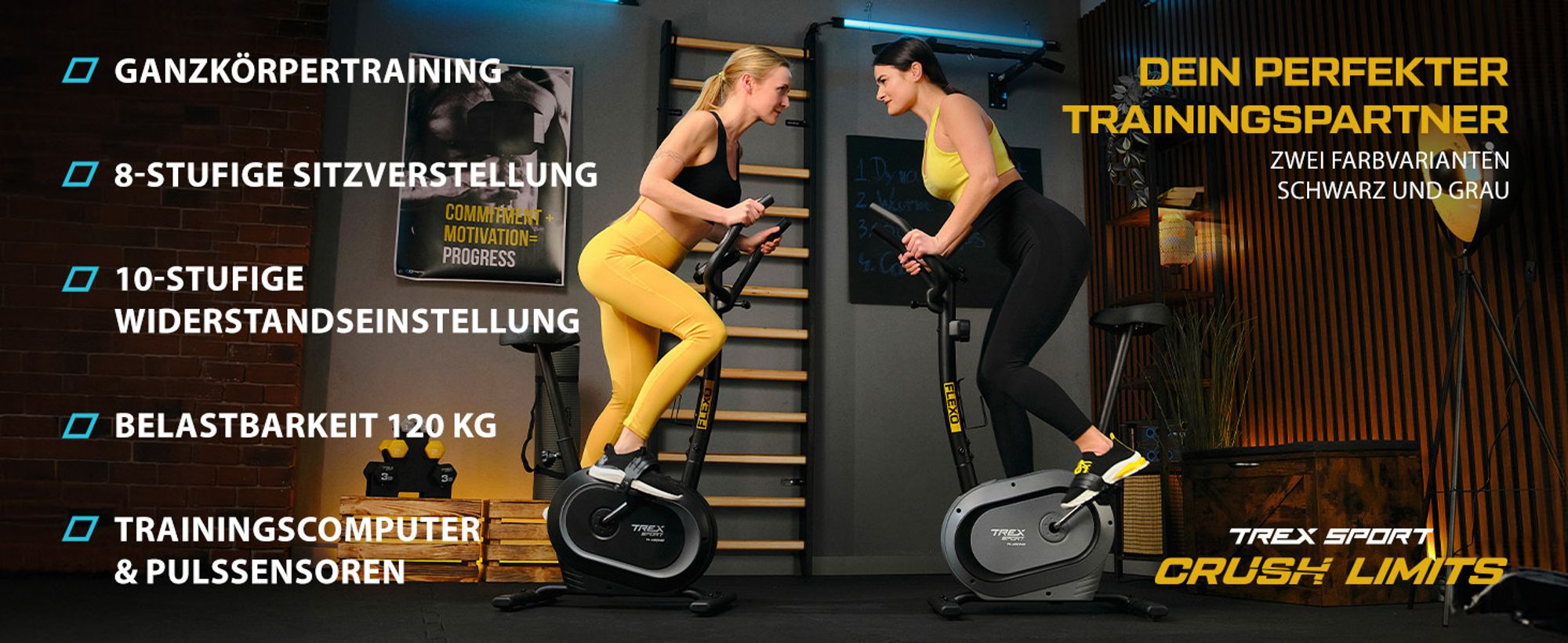 TREX SPORT Ergometer Heimtrainer Fahrrad für Zuhause TX-450MB FLEXO | Fitnessbike magnetisch bis 120kg | 10 Stufen, Pulssensoren, 8 Sitzhöhen, Schwarz