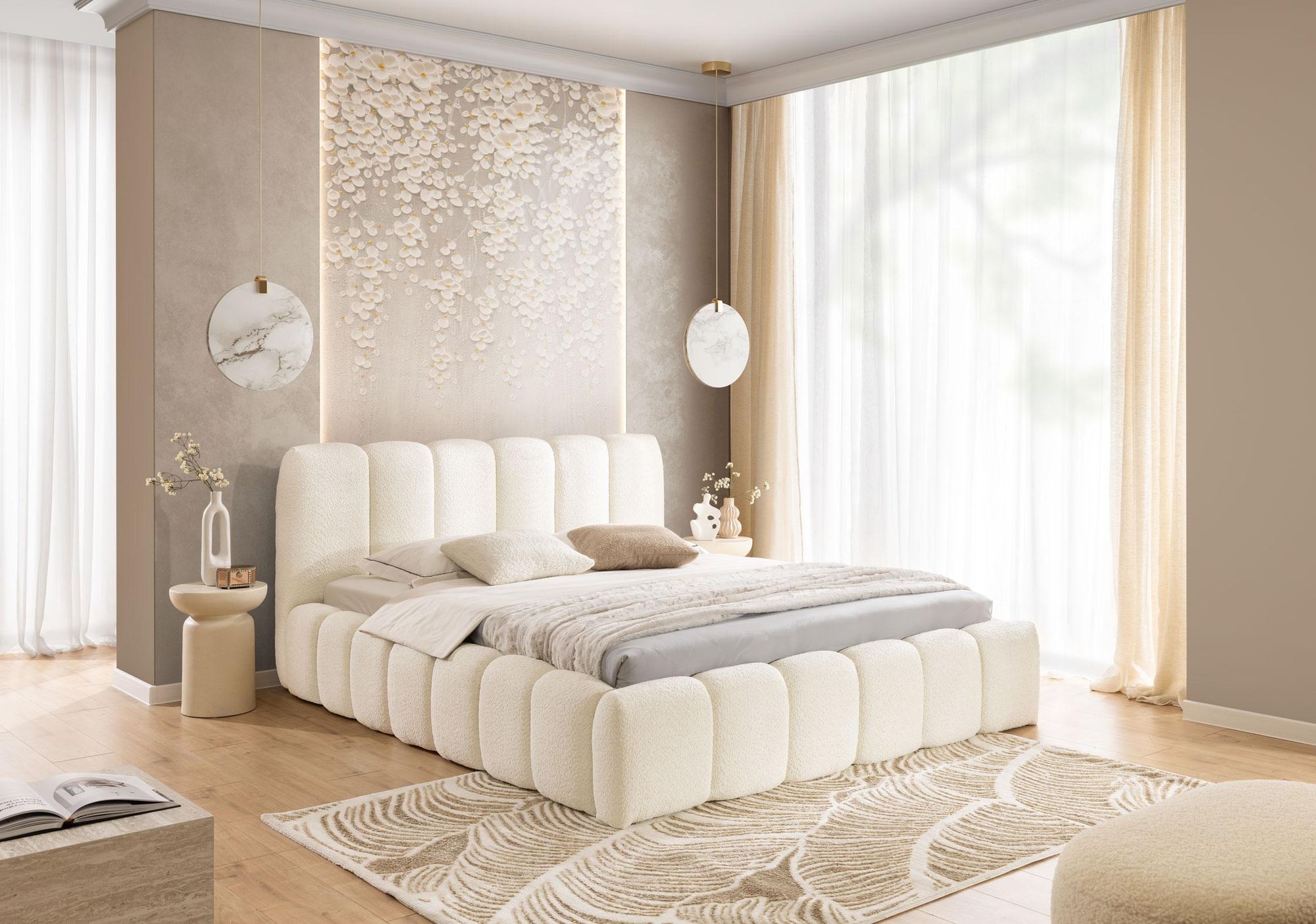 FURNISTAR Polsterbett MIA mit Bettkasten 120x200, Bubble Bett, Doppelbett mit Stauraum, Lattenrost, Boxspringbett-Optik, ohne Matratze, Weiß