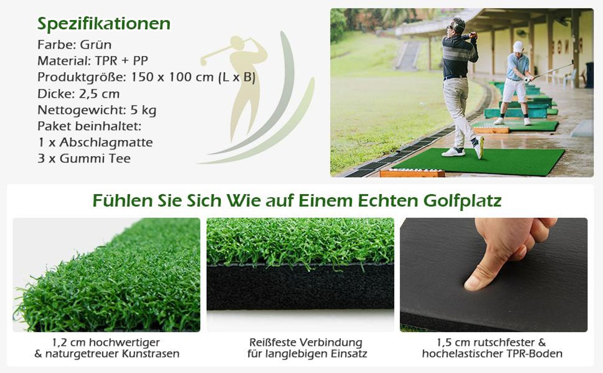 COSTWAY 150x100cm Golf Abschlagmatte, Golf Übungsmatte inkl. 3 Gummi-Tees, Golf Schlagmatte, Putting-Matte, Abschlagmatte für Indoor & Outdoor, Grün