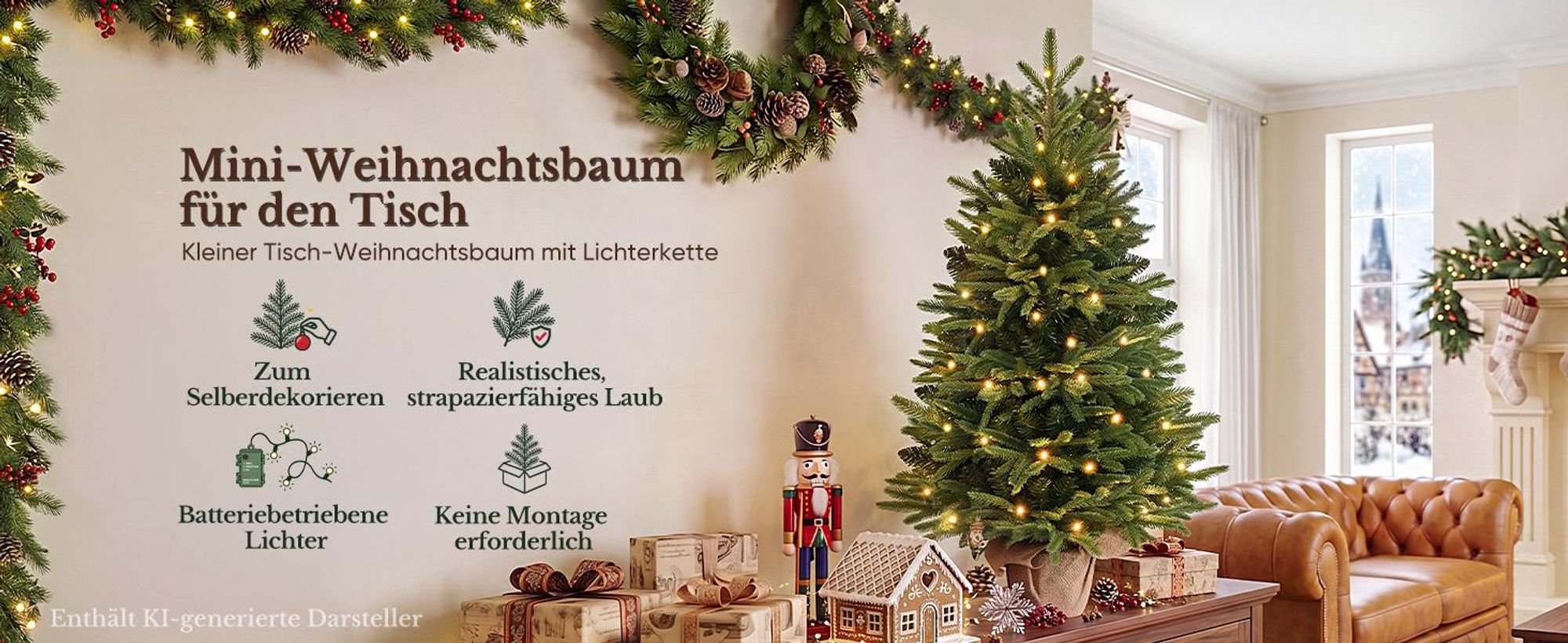 HOKEEPER Künstlicher Weihnachtsbaum 90 cm mit LED & grünen PVC-Nadeln