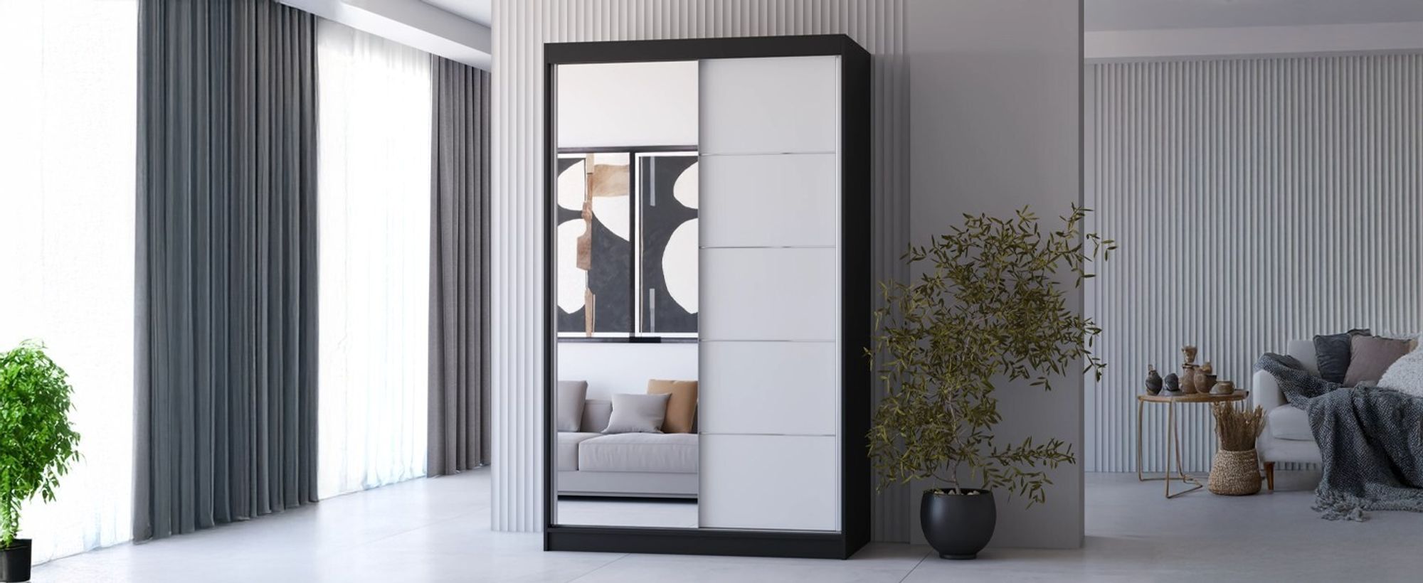 Kleiderschrank Schiebetürenschrank Schrank Schwebetürenschrank 120cm Schwarz/Weiß mit Spiegel Neomi 05