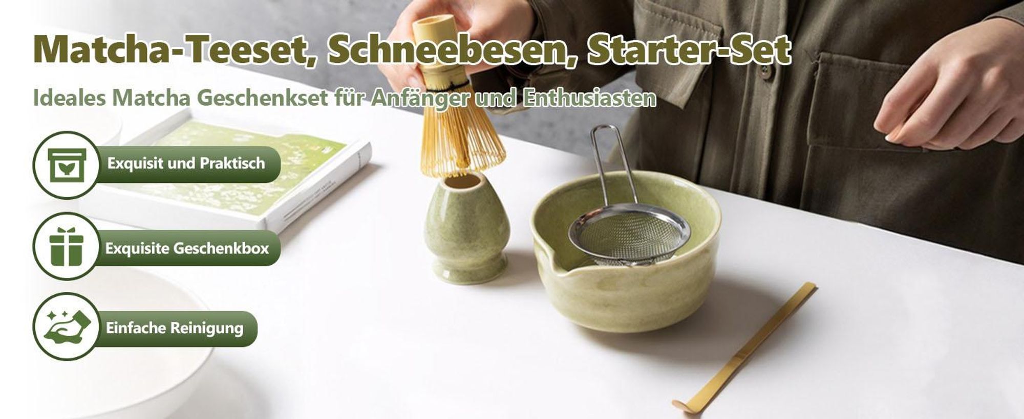 Matcha Set, Matcha Teezeremonie Set, Matcha Schneebesen, Keramik Schale, Teelöffel, Bambus Matcha Besen, Traditionelles Teezeremonie Set