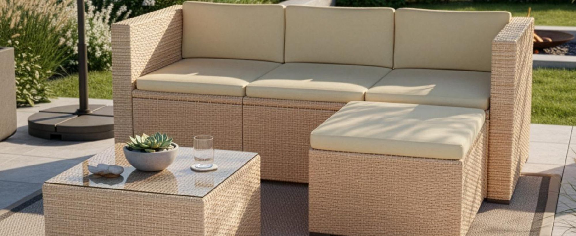 Juskys Polyrattan Lounge Punta Cana M schwarz – Gartenlounge Set für 3-4 Personen – Sitzgruppe mit Sofa, Tisch & Hocker - Sitzbezüge in Creme