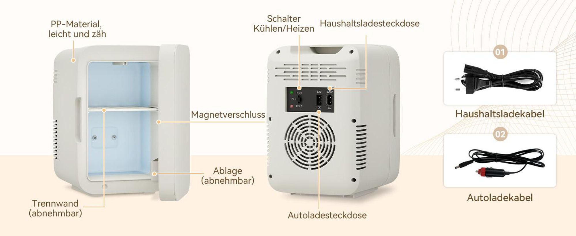 Puluomis Mini Kühlschrank 4L, 2 in 1 Warm- und Kühlbox tragbar Ultra-Leiser Auto Kühlbox (<30dB) 12V/220V /230V AC/DC für Getränkedosen, Snacks Beige