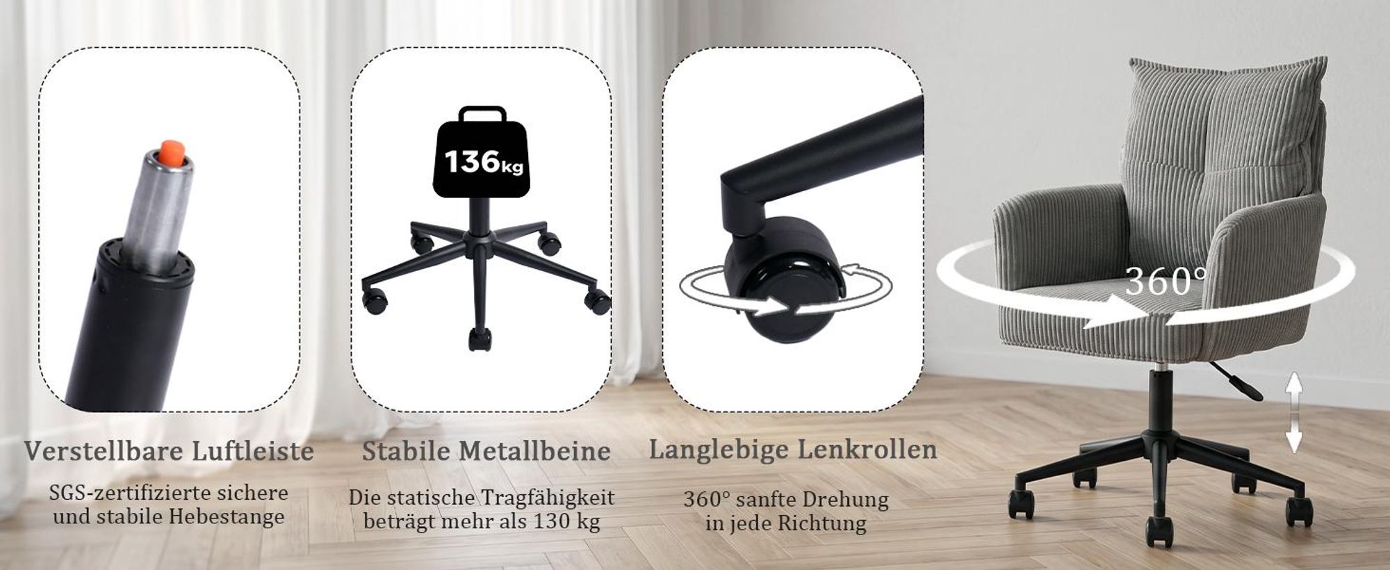 Duhome Bürostuhl Schreibtischstuhl aus Kordsamt, Drehstuhl Schminktisch Stuhl Höhenverstellbar Computerstuhl, Grau