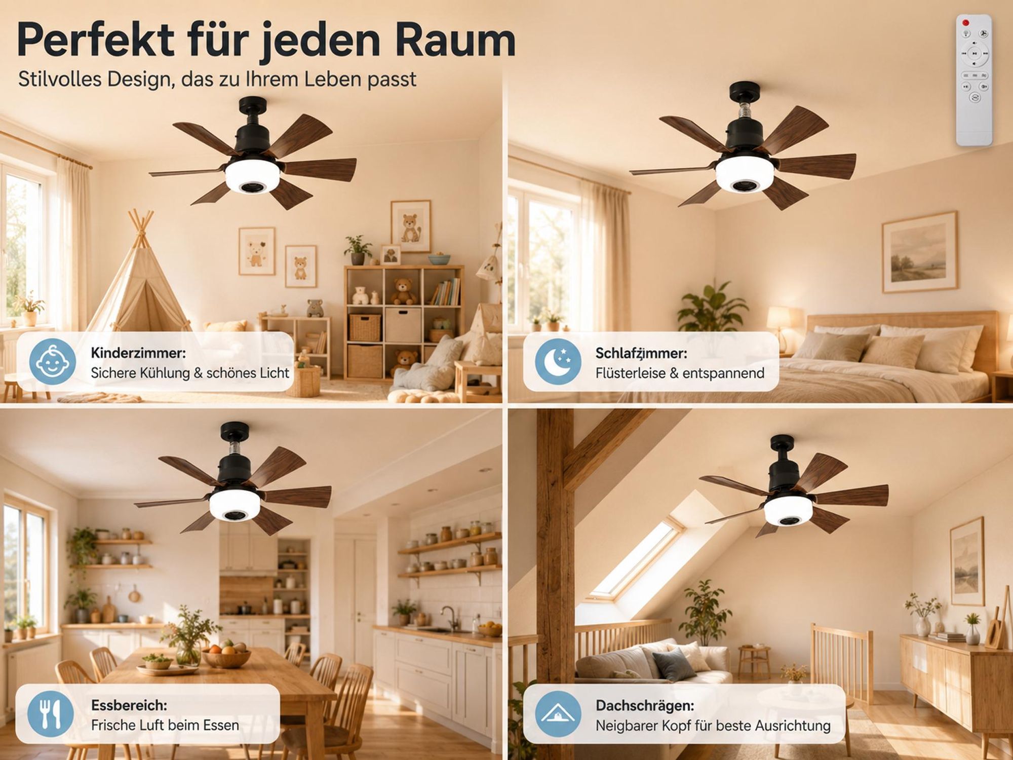 52CM LED Deckenventilator mit Beleuchtung E27 RGB Musik Lüfter mit APP Fernbedienung 40W Brushless Motor leise 6 Höhen & Neigbarer Kopf