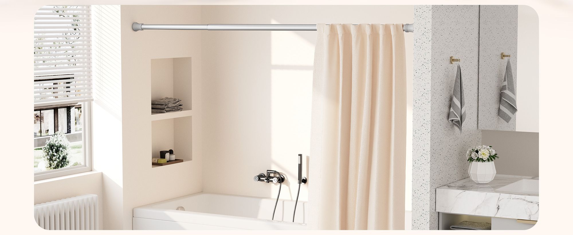 Heilmetz Duschstange Duschvorhangstange Teleskopstange 110-160cm, mit 12 Duschvorhangringe, Chrome Edelstahl Duschvorhang Duschstange