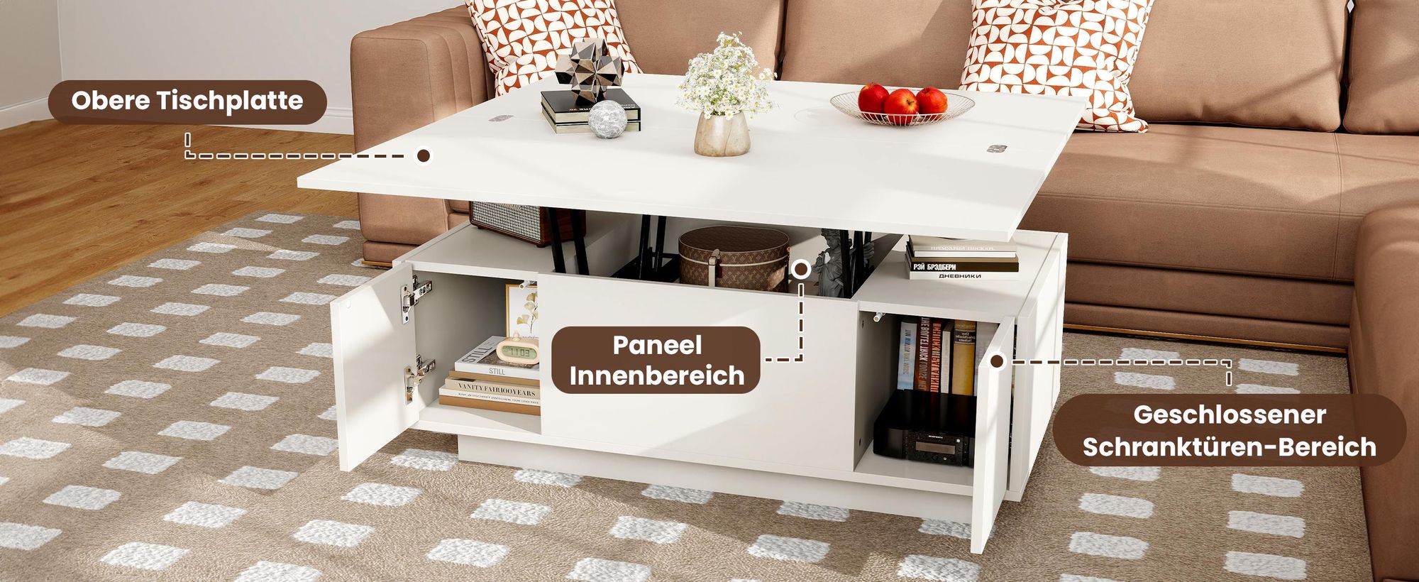MODFU Couchtisch Wohnzimmertisch mit Doppel-Hebemechanismus,Sofatisch Kaffeetisch mit verstecktem Stauraum,Freizeittisch,Sideboard,Weiß