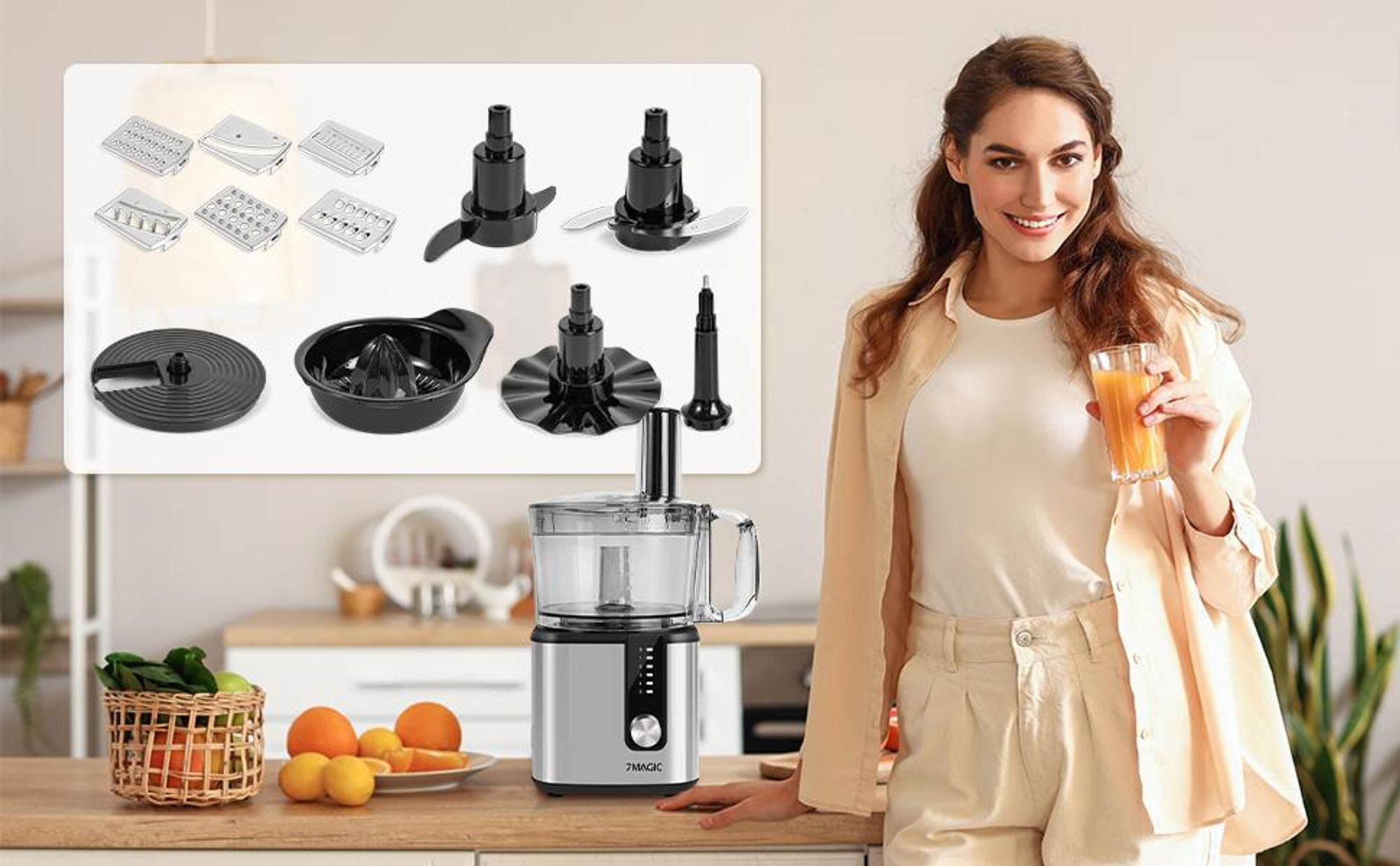7MAGIC Küchenmaschine 750W, Küchenmaschine Multifunktions,9 Funktionen Food Chopper Prozessor, 1,2L Bowl &1,8L Behälter, Mini-Zerkleinerer, Upgrade Schneidescheibe, Zitruspresse, Knethacken