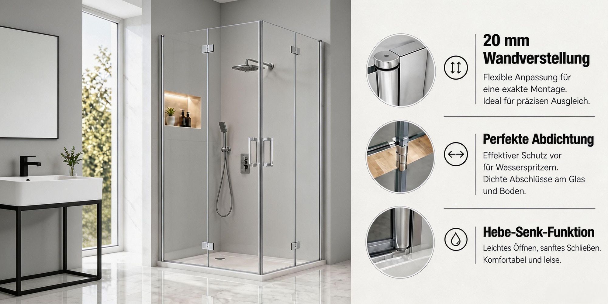 Duschkabine Eckeinstieg 90x90 cm Falttür mit Doppel Faltbar Duschtür, 6mm NANO ESG Glas, Drehfalttür komplett Dusche Höhe 197cm, ohne Duschwanne
