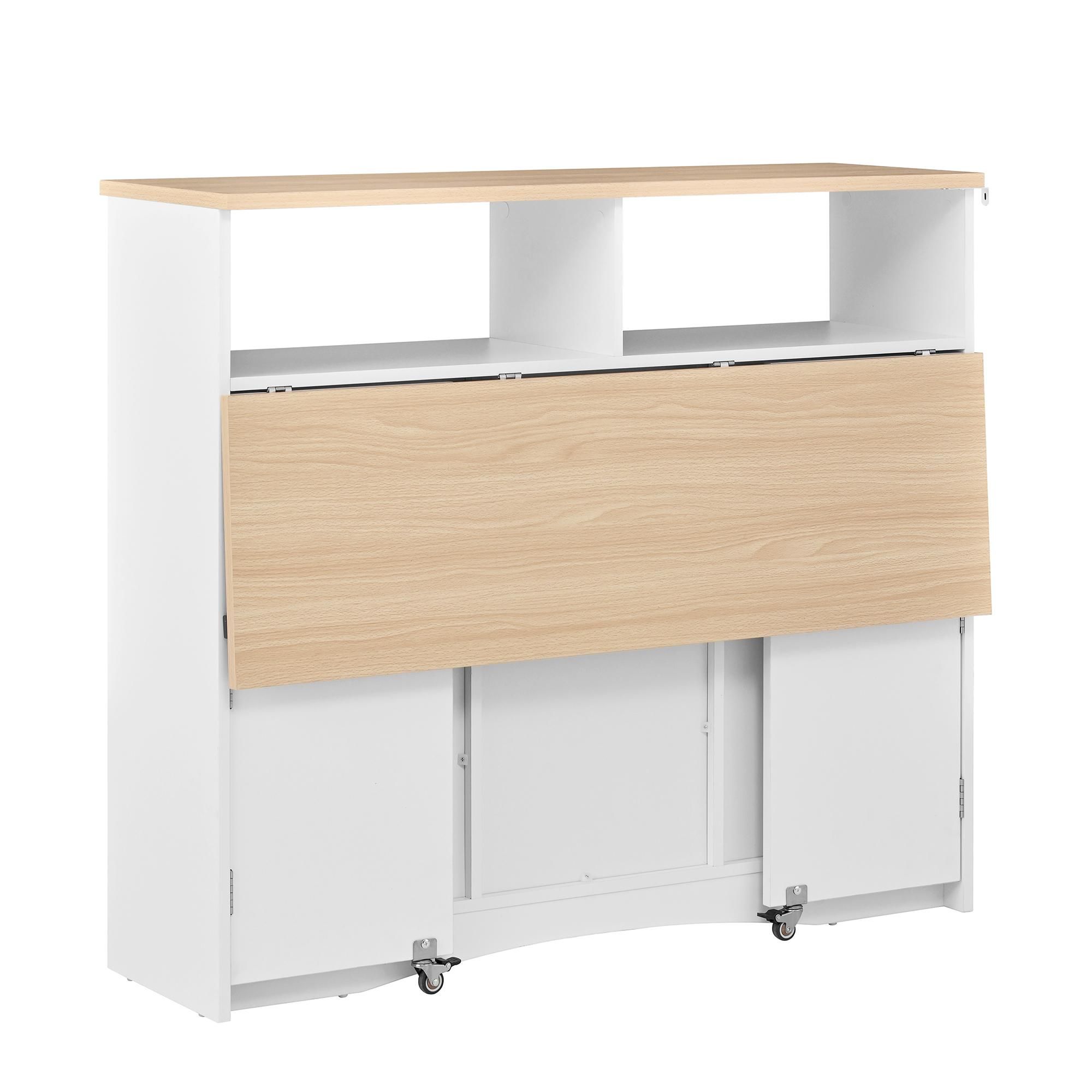 Flieks Servierwagen Esstisch mit Klappbarer Arbeitsplatte und 2 Barhockern, Kücheninsel mit Sitzgelegenheit, Sideboard Kommode, Weiß
