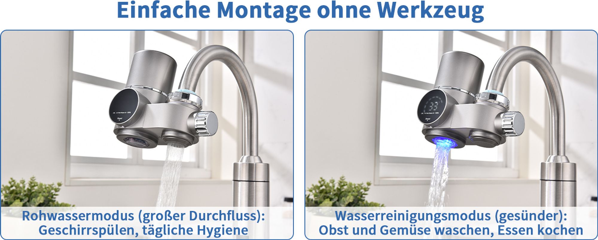 Homelody Wasserfilter für Wasserhahn mit Blaulicht-Sterilisation, Wasserfilter für Standard-Wasserhähne mit 2 Pack Wasserfilter Cartridges