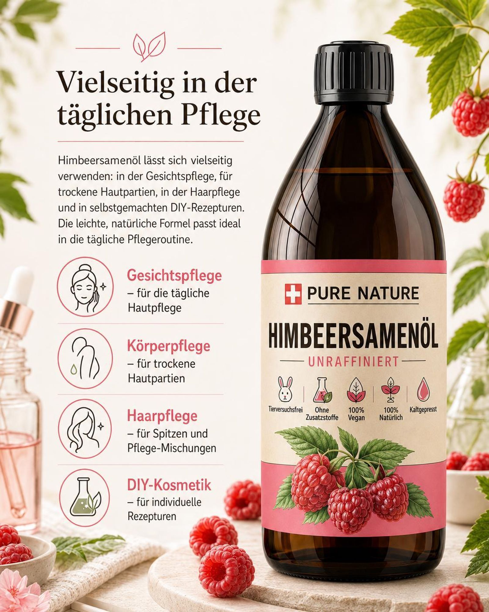 PURE CHEMICAL | Himbeersamenöl | unraffiniert | natürlich | kaltgepresst + Spender | 1 L